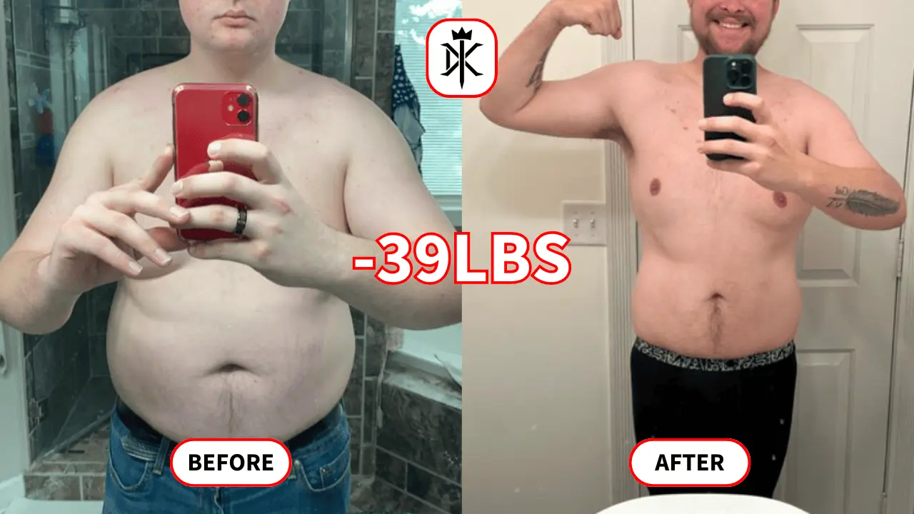 Before and After photos of 40lb weight loss with Default Kings