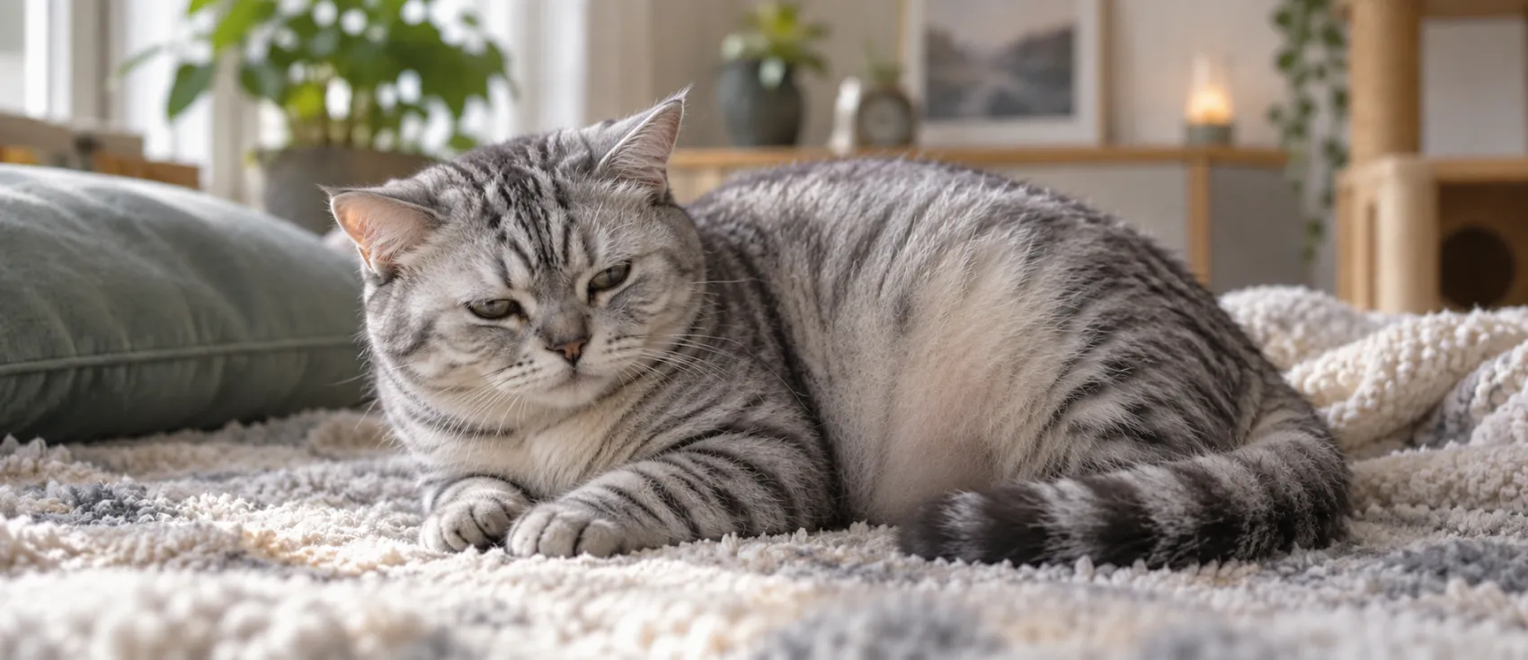 A grey tabby cat lies curled on a blanket, appearing lethargic and withdrawn.