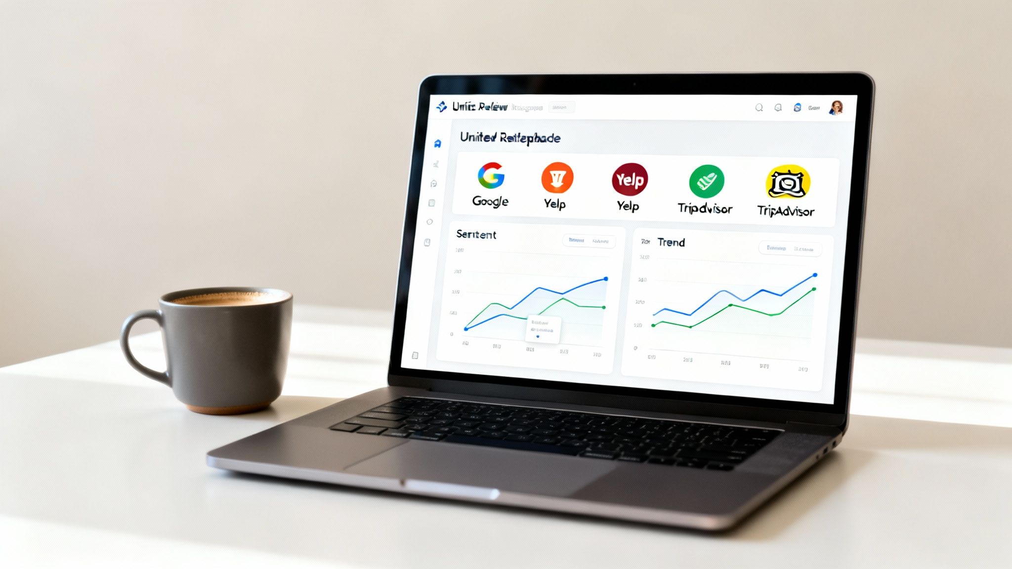 A laptop on a white desk displays restaurant reputation management software next to a coffee mug.