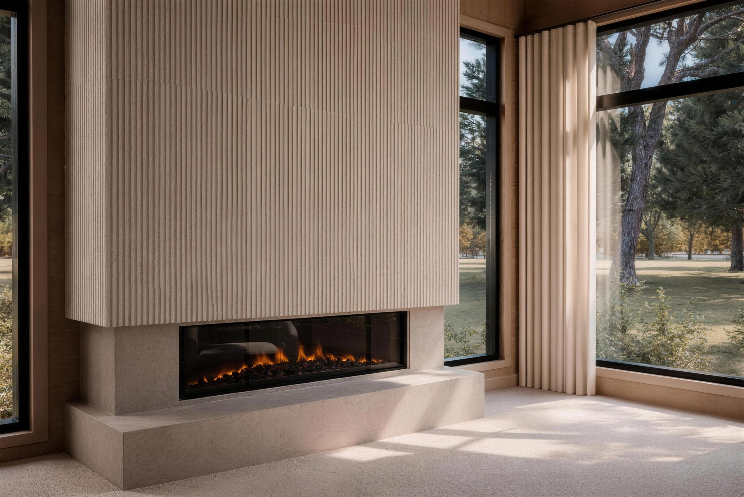 Linear fireplace set into a light wood slatted wall