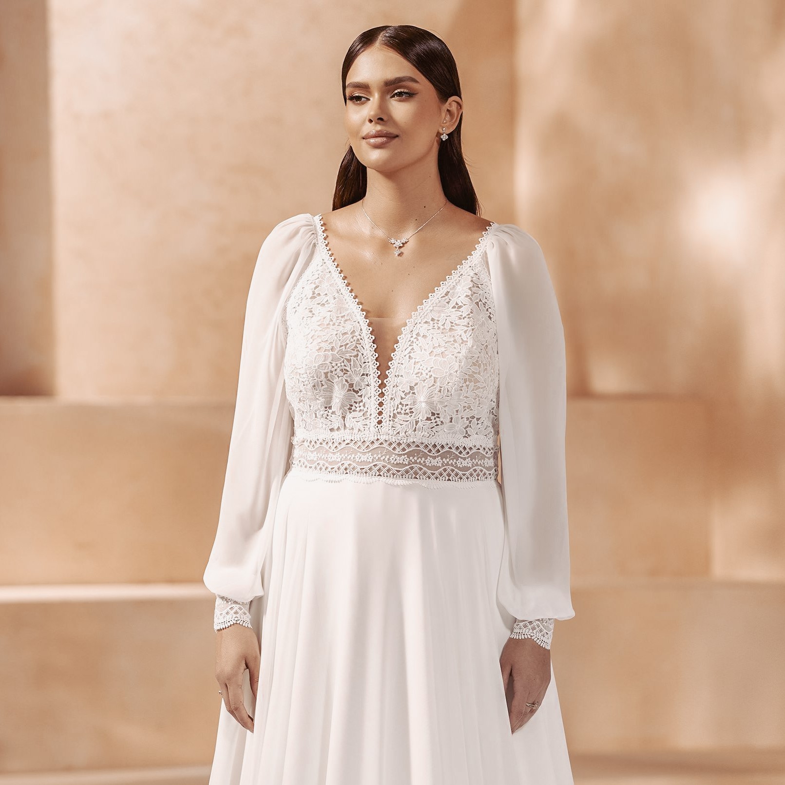 Plus Size Hochzeitskleid mit transparenten Ärmeln