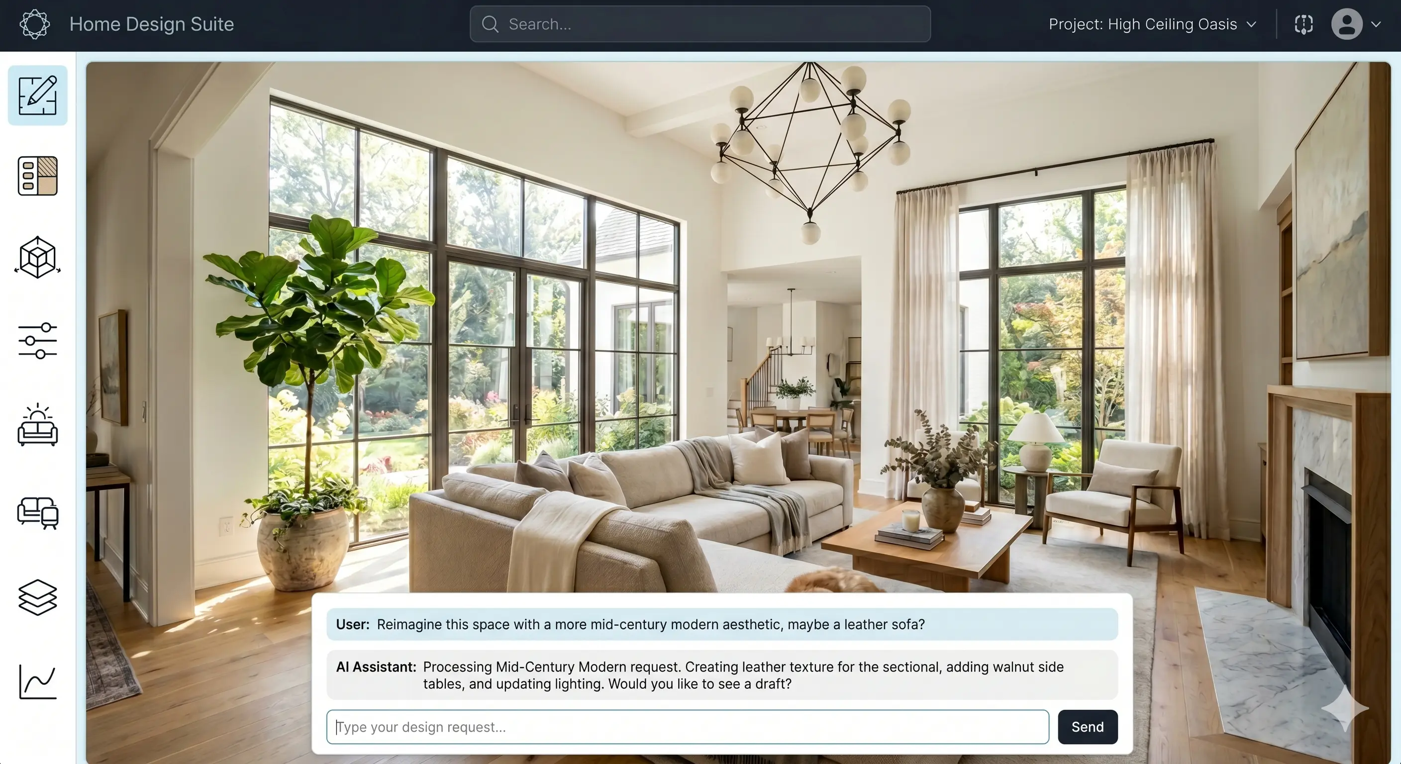 A mockup of an AI interior design interface featuring a sun-drenched, contemporary living room rendering with a sidebar of design tools and a floating chat window.