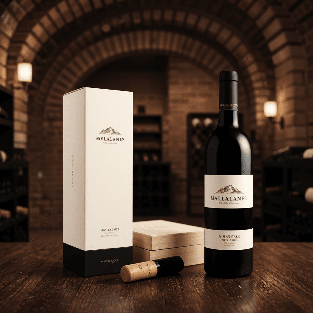 product photography of a bottle of wine with a box