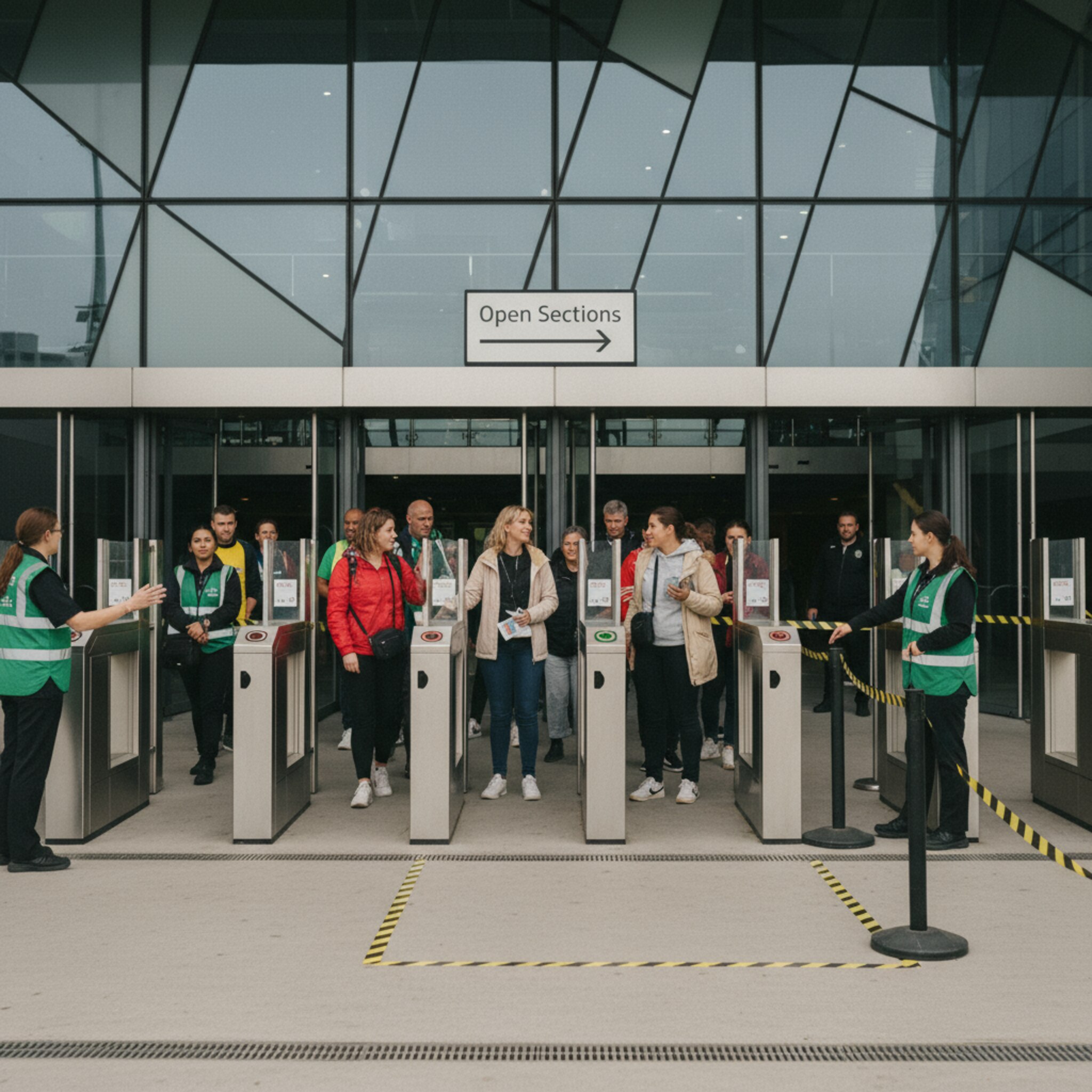 Vor den Stadiontoren bildet sich eine geordnete Schlange, Ordner leiten die Besucher in klaren Bahnen. Eine Gruppe winkt Freundinnen durch die Absperrung, während Drehkreuze gleichmäßig klicken. Über den Eingängen zeigt eine Tafel den geöffneten Bereich an und die Menge strömt entspannt hinein.