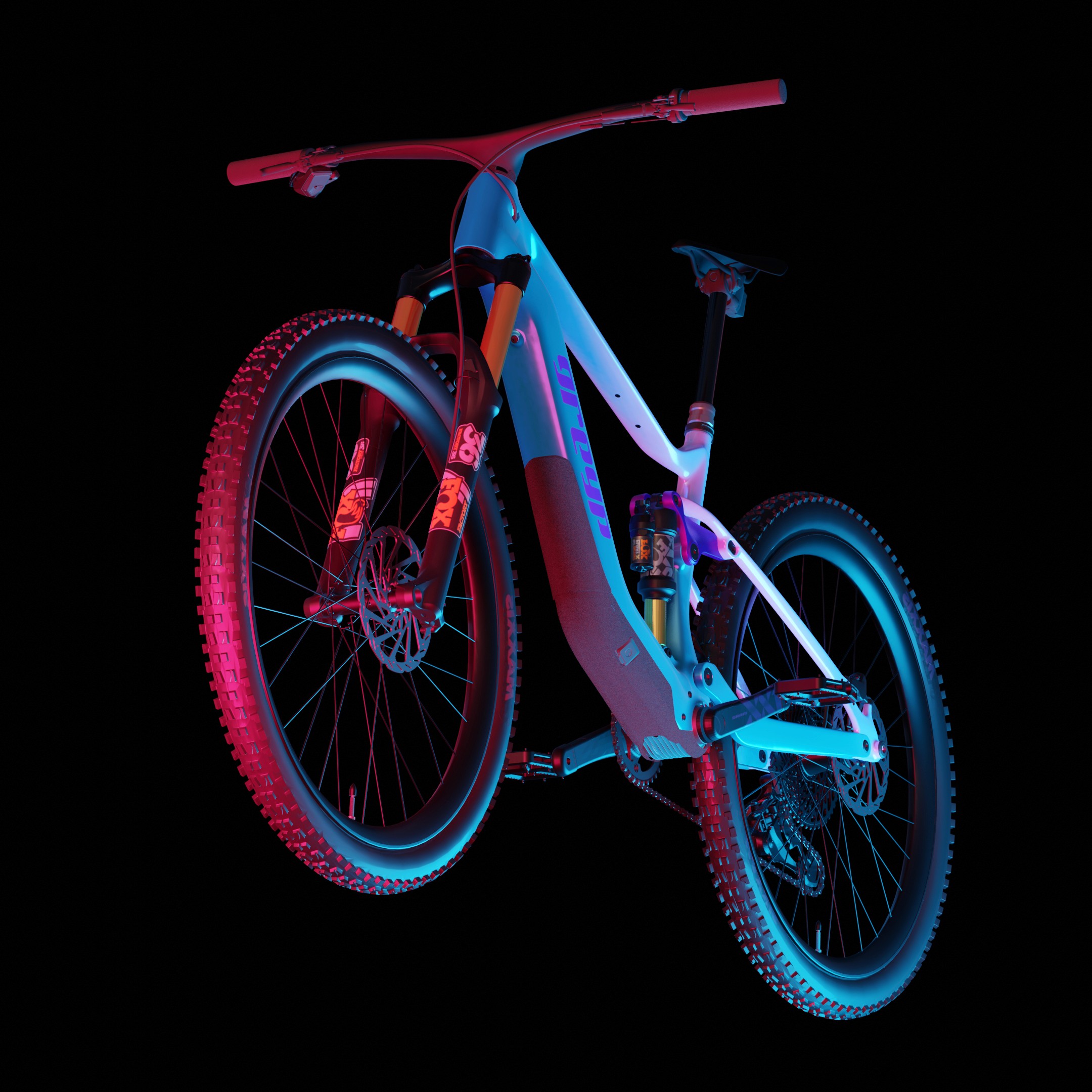 Computer rendered image in Blender of an electric moutain bike. Greyp G4 Zaney.