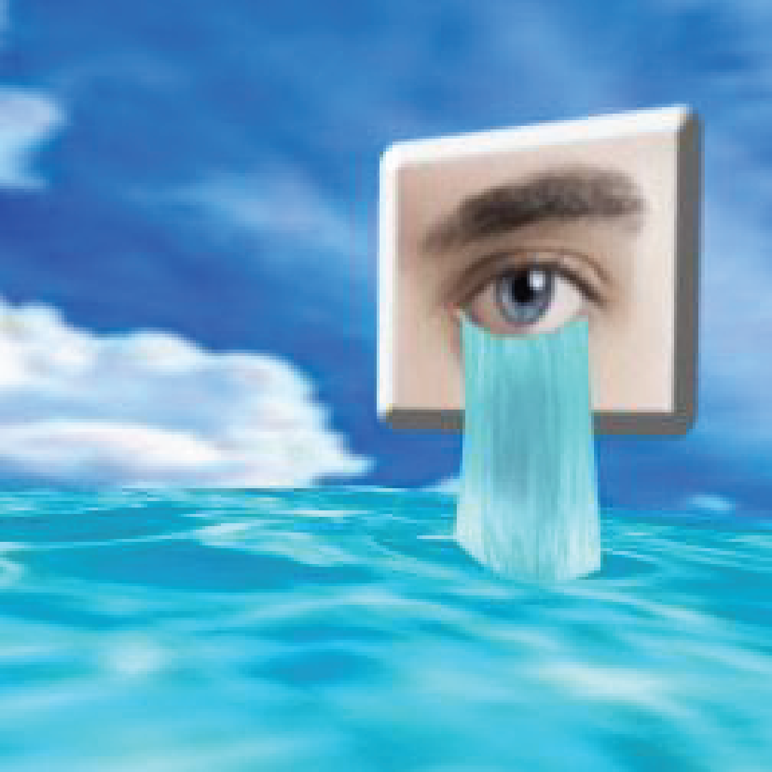 Surreal illustration of a giant eye on a floating screen crying into the ocean