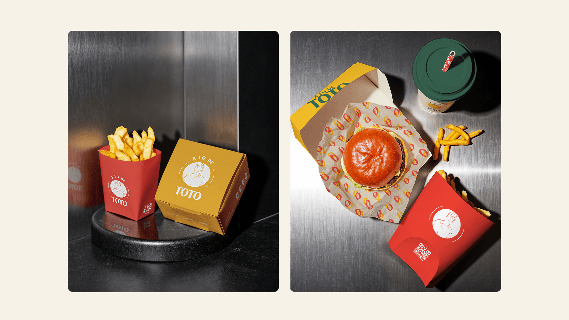 Dos porciones de papas fritas y una hamburguesa en packaging de diseño sobre fondo oscuro.