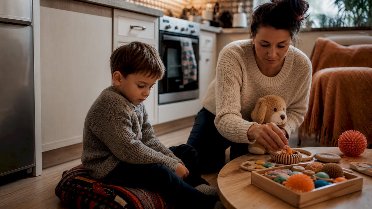 Child showing signs of regression with caregiver nearby