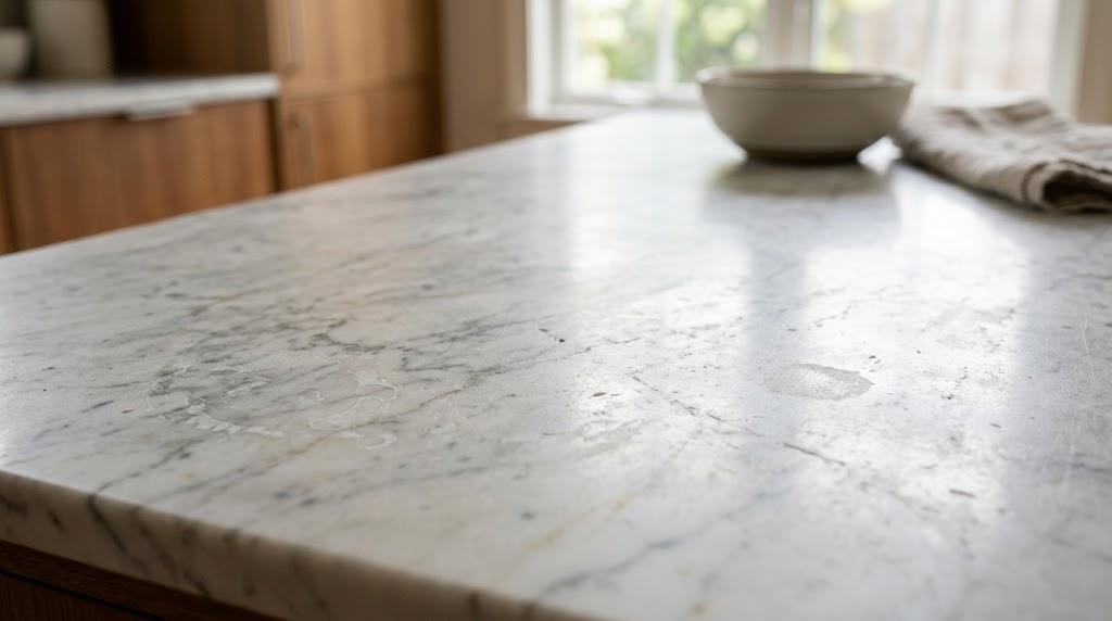 Pale marble countertop with a subtle etch mark and faint water spots