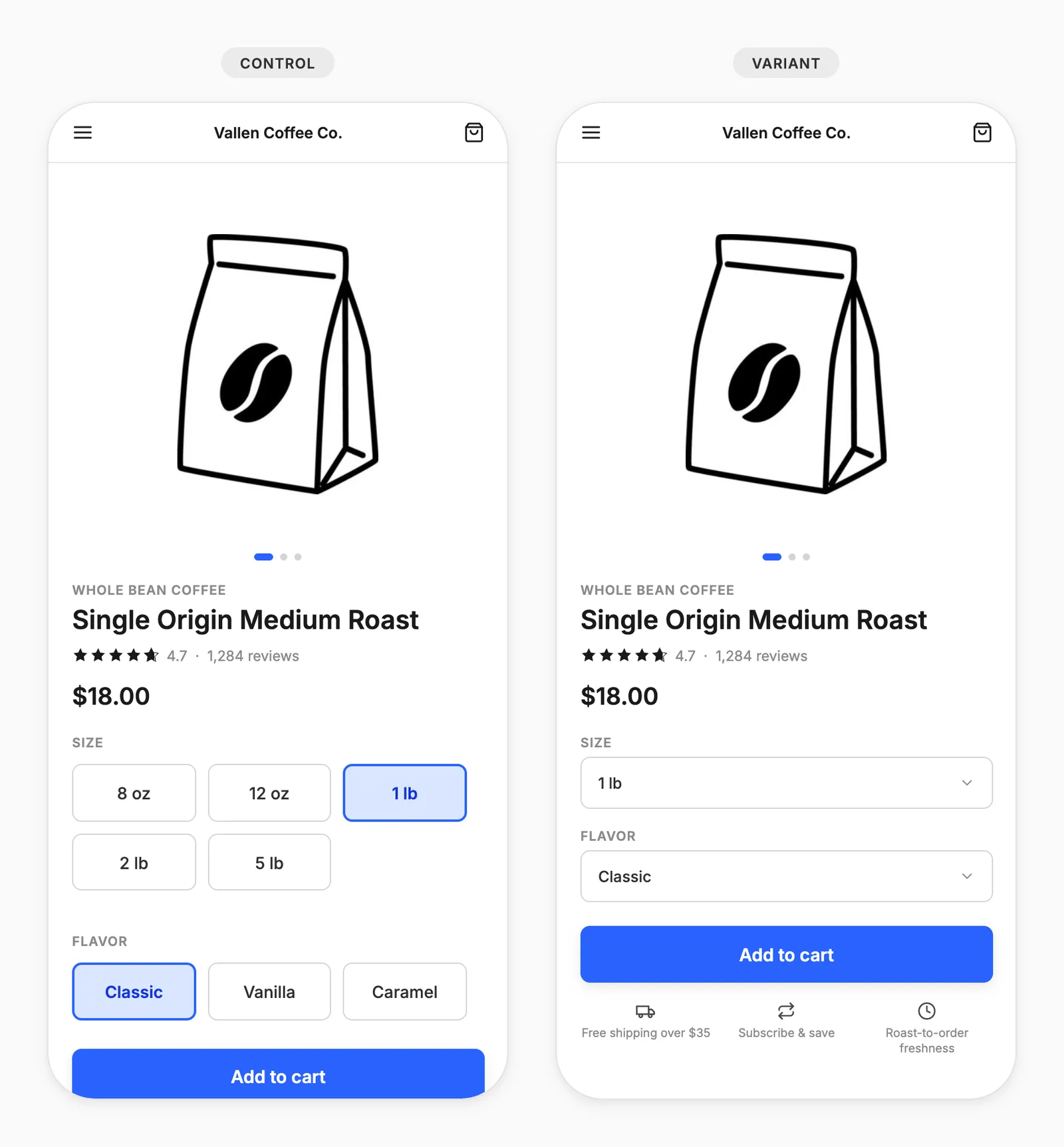 Product page selector test: button grids for size and flavor versus two compact dropdowns