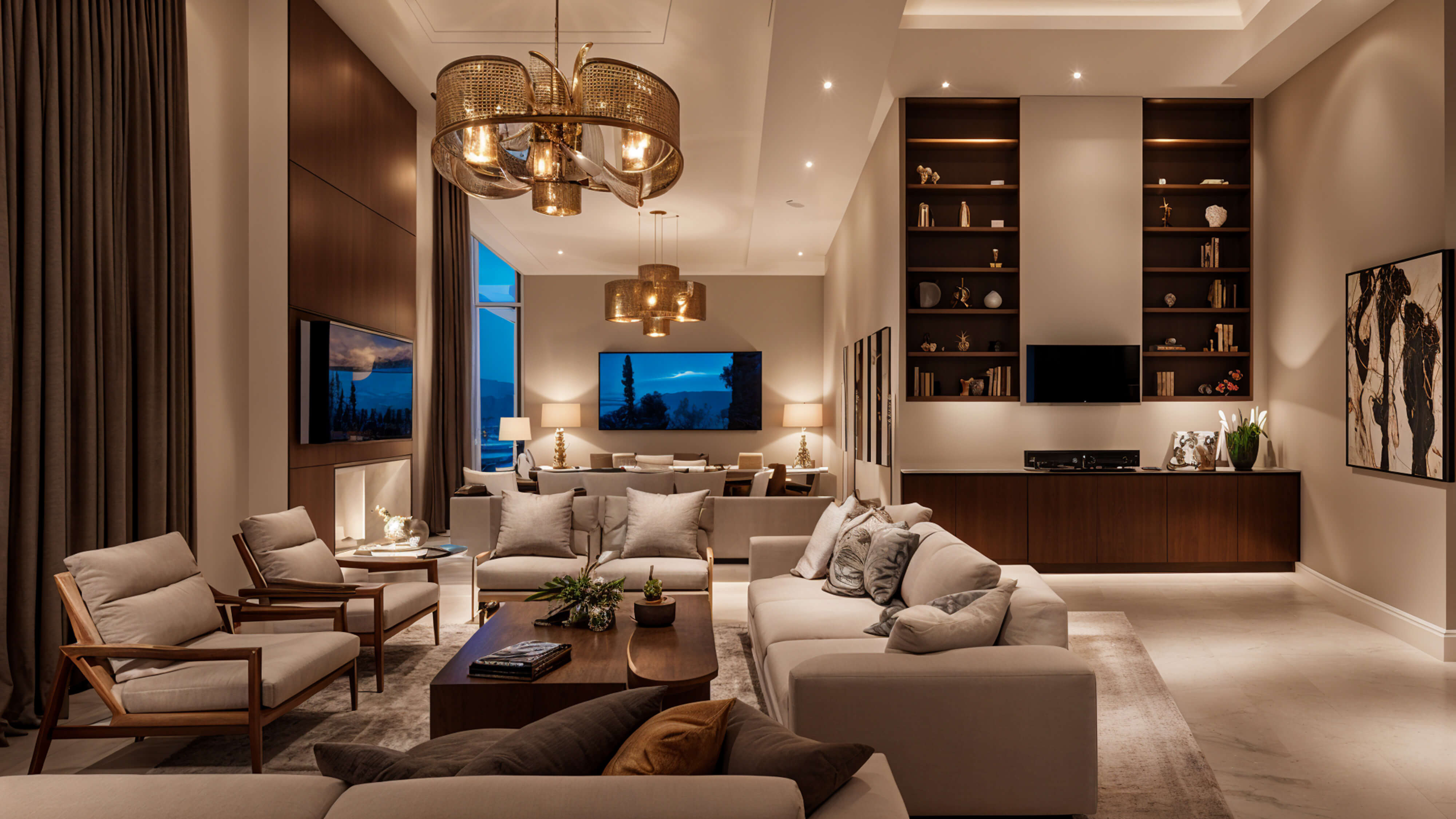 High-end open-concept living room with custom built-ins, soft neutral seating, warm lighting, and thoughtful material layering for a polished look.
