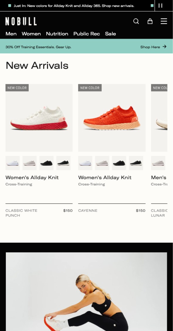 Mobile product grid showcasing new arrivals and merchandising layout