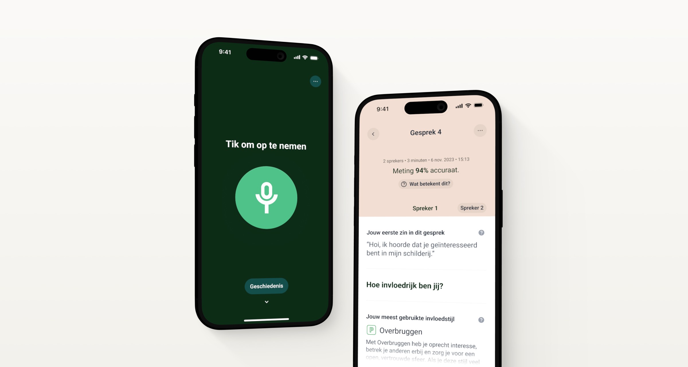 Two iPhones showing the CommScan iOS application. The left screen is showing the Home view, the other screen is showing the Conversation Analyze view.