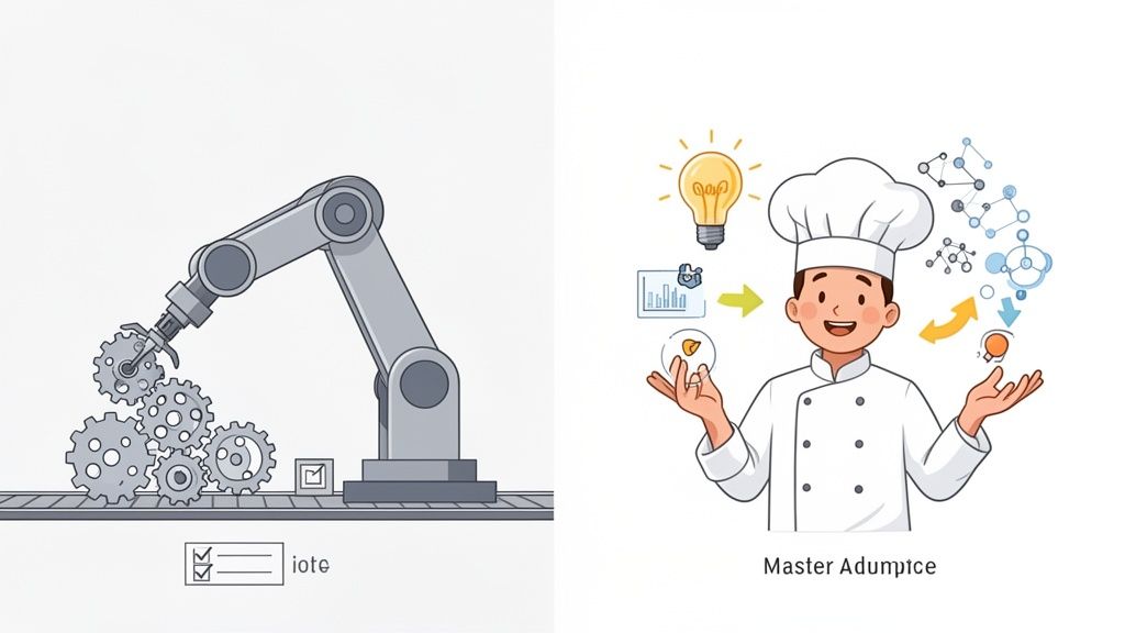 A robotic arm assembling gears on a conveyor belt alongside a chef surrounded by innovation and idea icons.