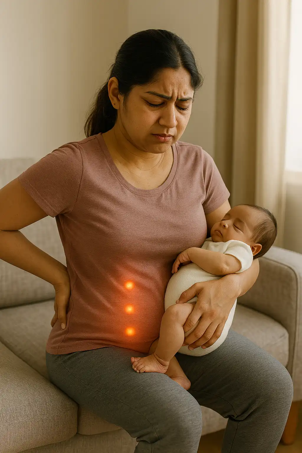 A woman holding a sleeping baby while sitting on a couch, grimacing in pain, with an illustrated glowing skeletal overlay highlighting her spine and pelvis to indicate postnatal back or pelvic discomfort.