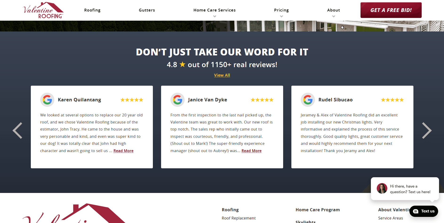 customer testimonial on a roofer website