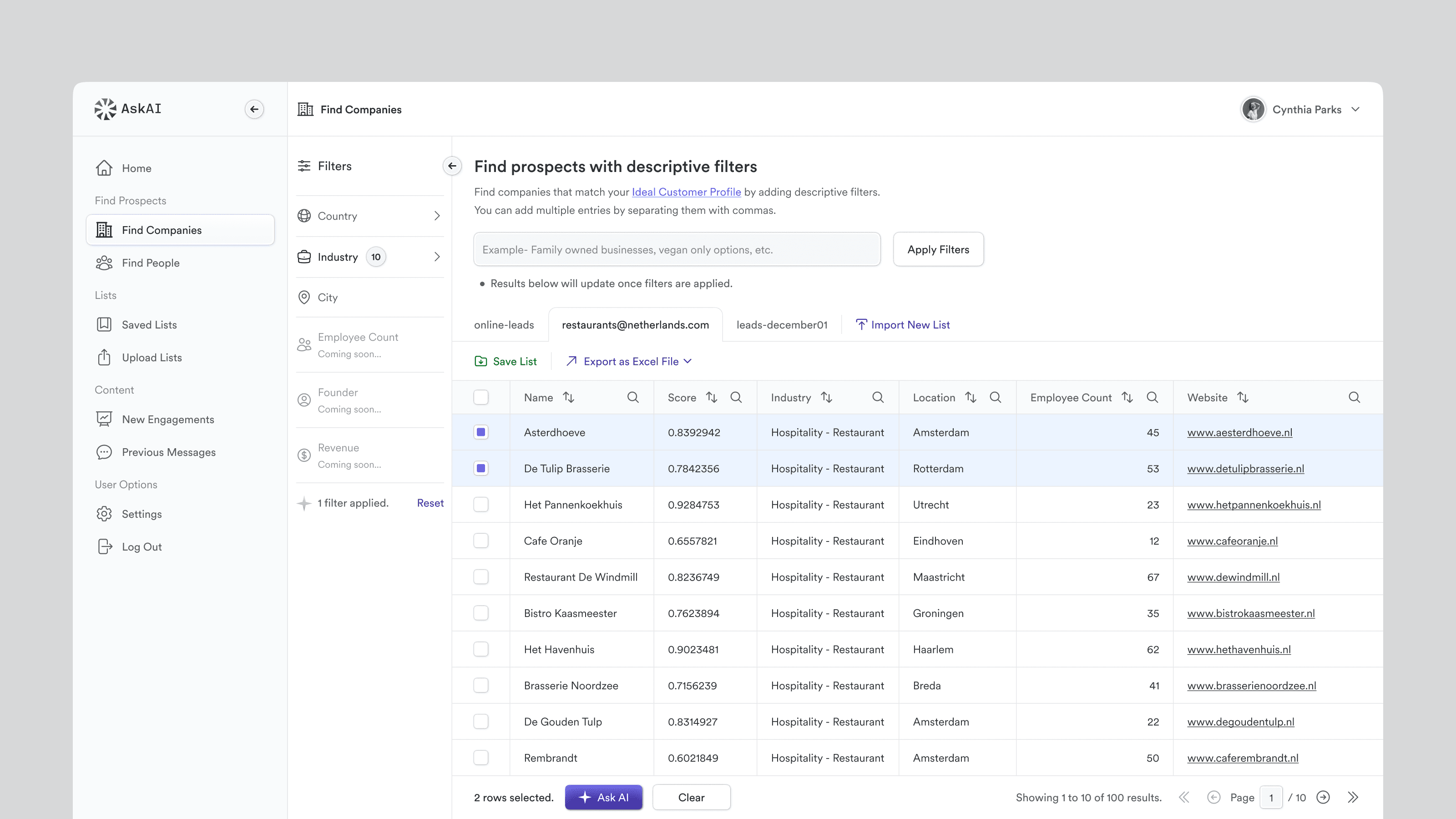 Concept UI showing an AI-powered prospecting platform with company search, descriptive filters, and a searchable results table for lead discovery.