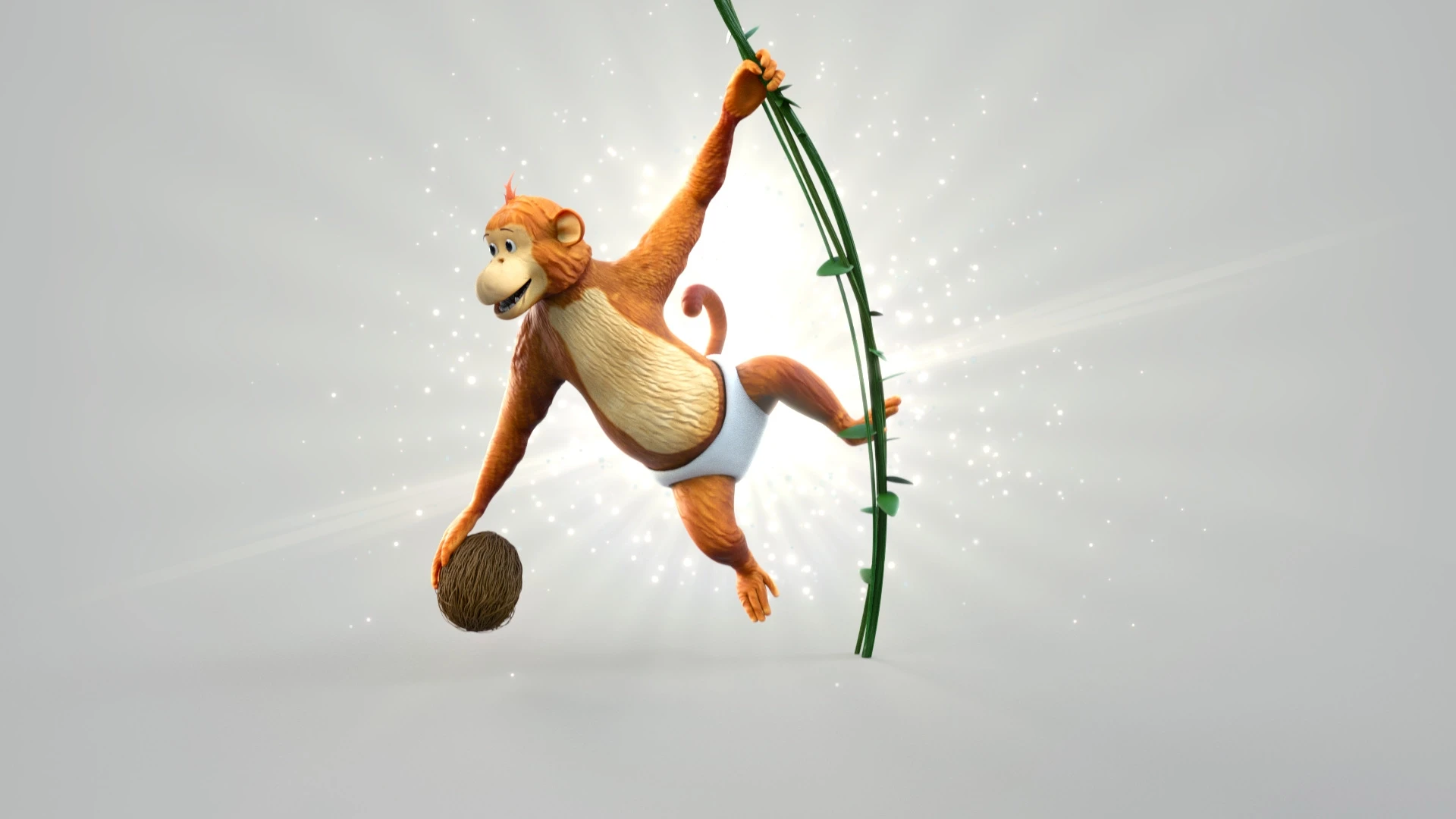 Baby monkey swinging on a vine holding a coconut