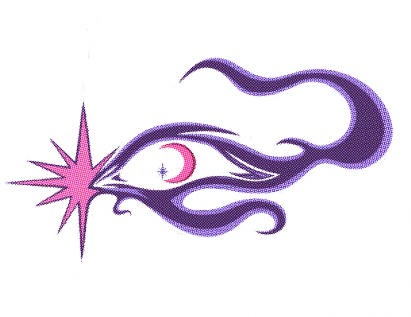 Surreal Frontiers logo: a violet flame-shaped eye with a pink crescent moon and a pink starburst