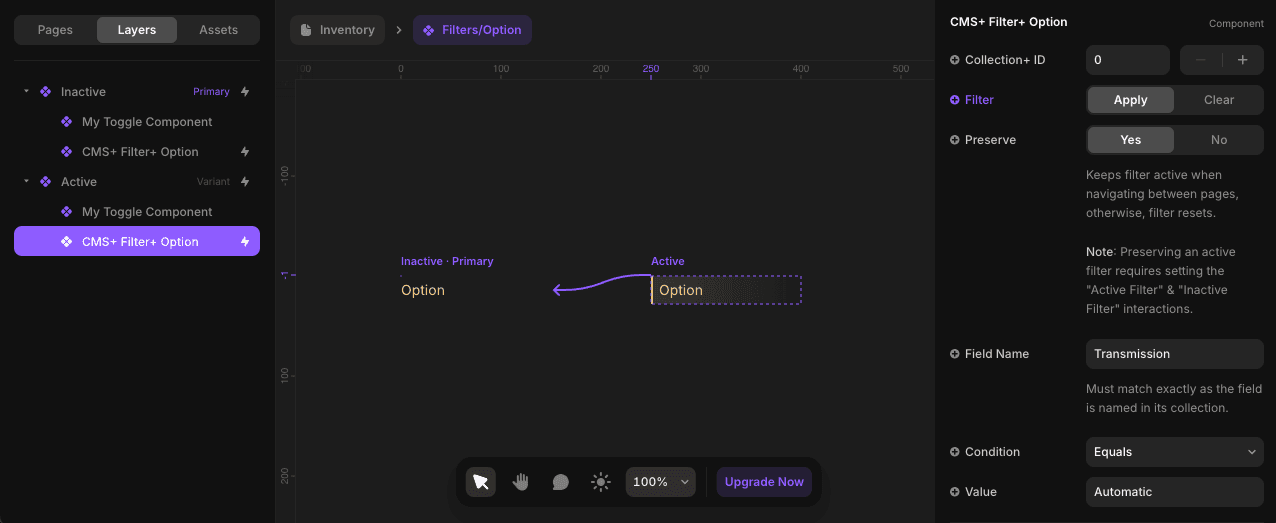 Example toggle component with CMS Plus Filter+ Option showing the "Active" variant set to apply the filter.
