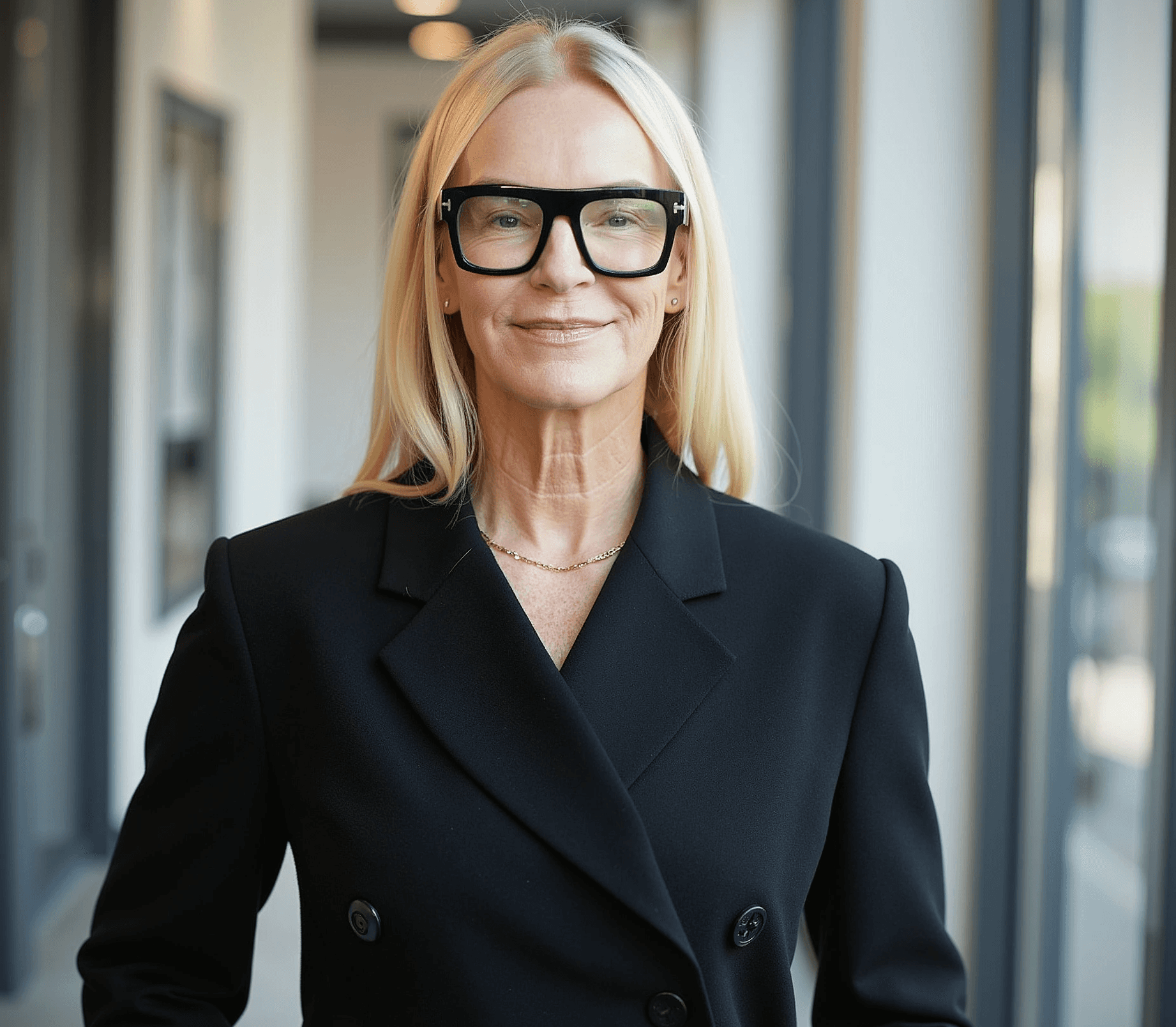 Susan Fitzpatrick-Napier, TrialWire CEO and founder, smiling in black blazer and glasses.