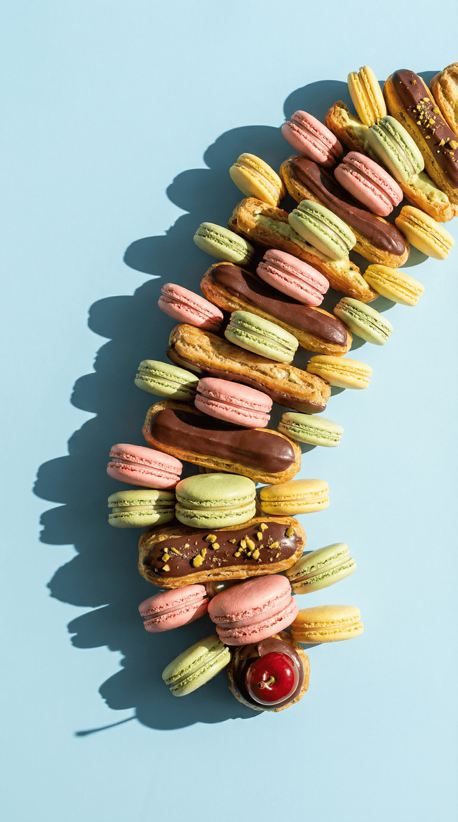 Macarons and chocolate eclairs arranged in a playful pattern on a pastel blue background.