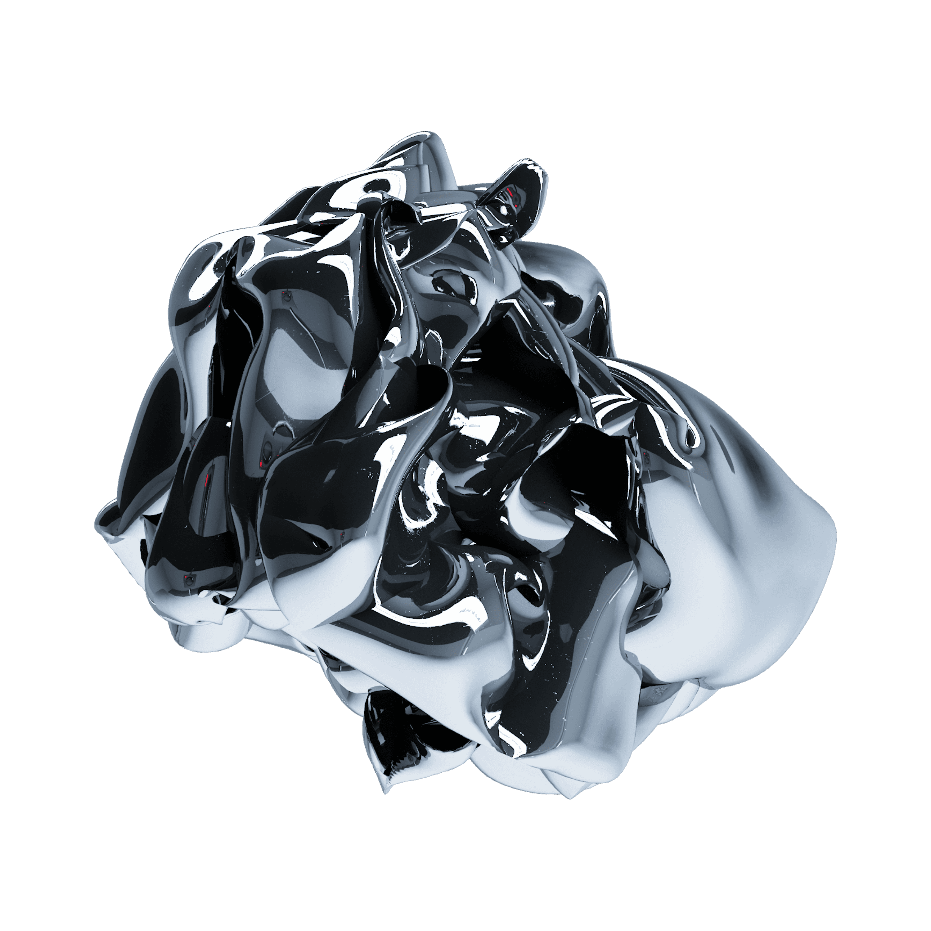 Abstract 3D sculpture with reflective chrome-like surfaces and fluid, organic shapes against a black background, evoking a modern and futuristic tone.