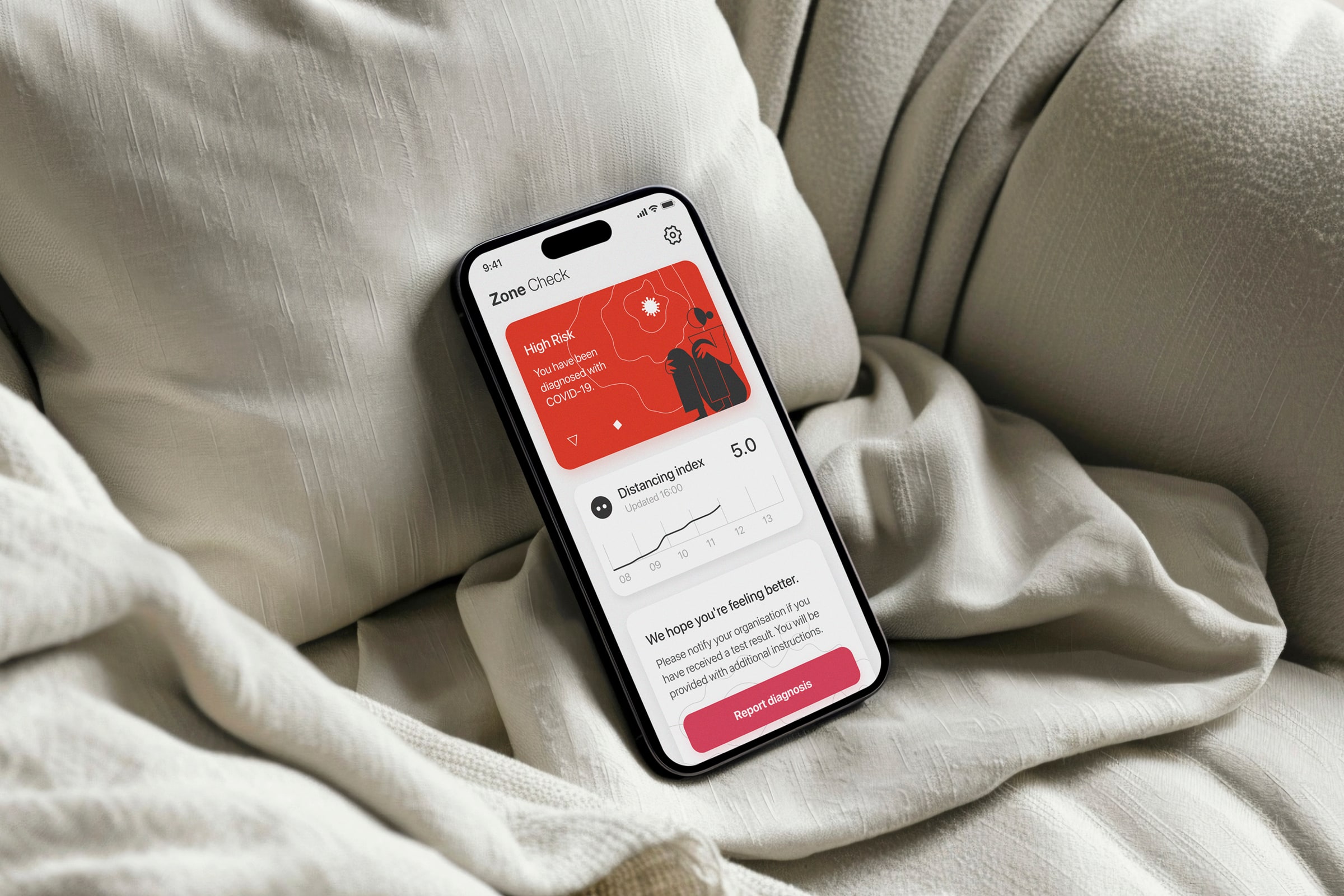 Smartphone displaying PWC Zone Check app with high risk COVID-19 exposure alert