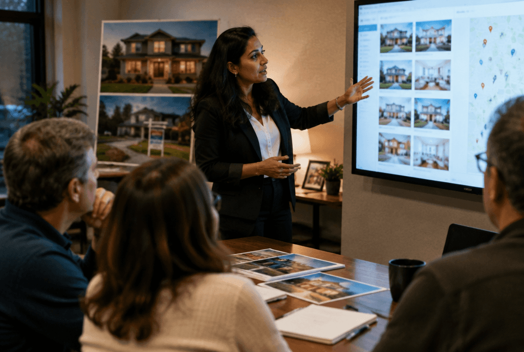 Real estate agent presenting market results to a small group in a meeting room