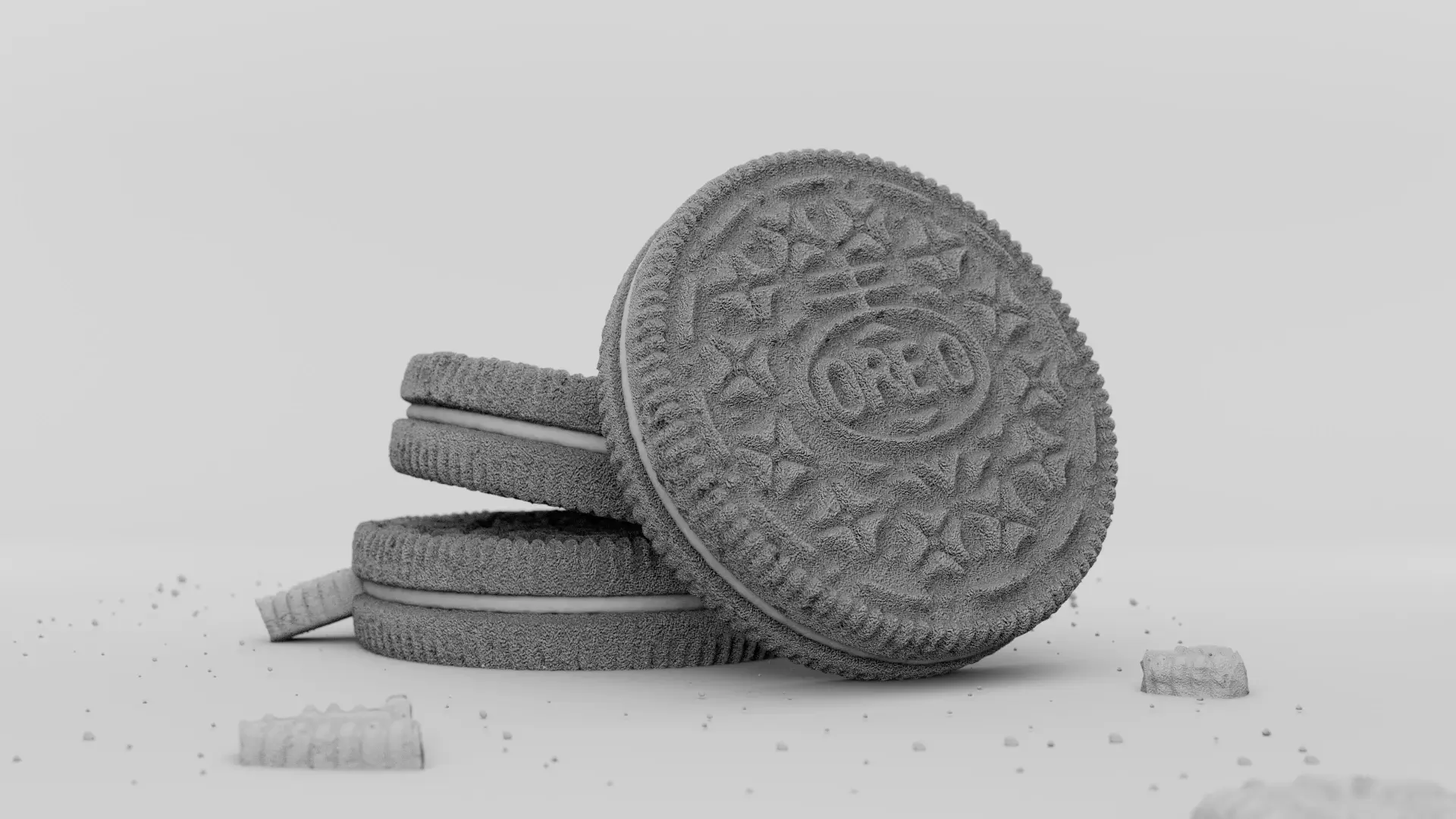 Three Oreo cookies stacked on a solid blue background with realistic crumbs scattered on the surface, studio lighting.