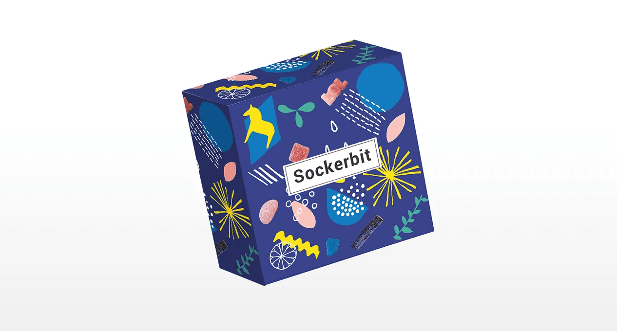 A vibrant collection of colorful pictograms featuring various plants, animals, and abstract shapes, designed to create an engaging visual experience for a rebranding project of Sockerbit, a Swedish candy store.