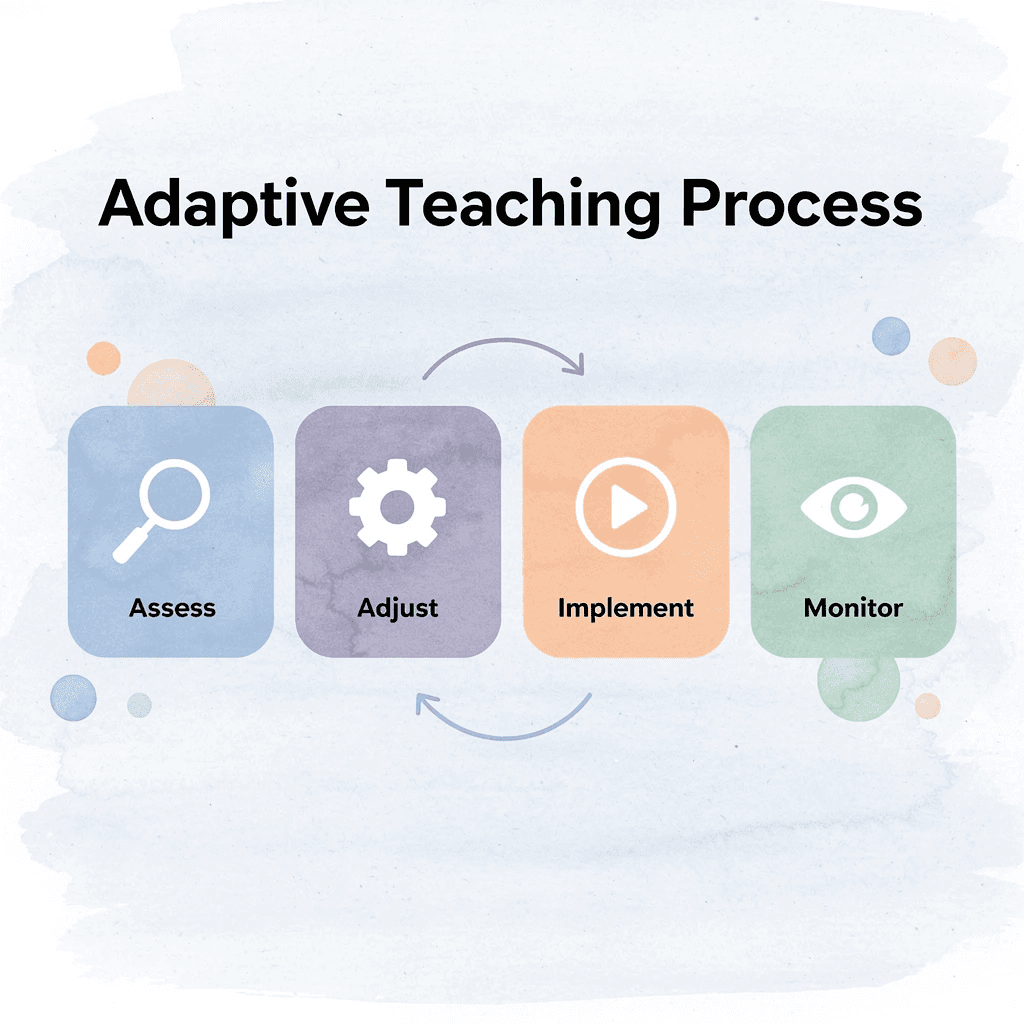 Process flow showing adaptive teaching steps: assess, adjust, implement, monitor