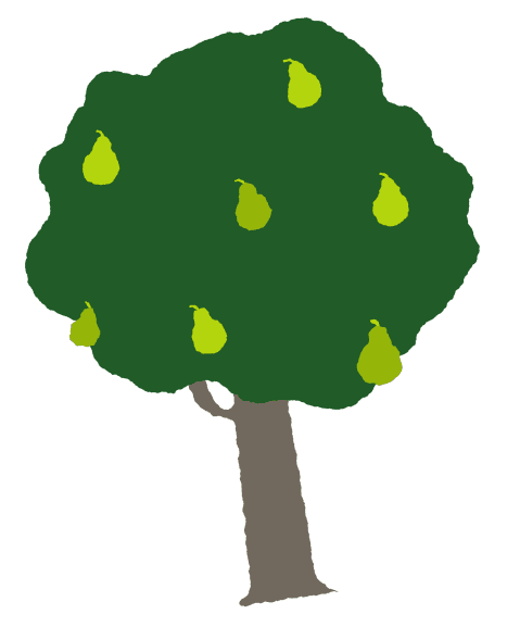 Illustration en flat design d'un poirier texturé rappelant la peinture, utilisé pour symboliser l'étape d'idéation et de typographie. Le dessin présente un tronc brun robuste et un feuillage vert sapin dense, où poussent des poires vertes claires. Les contours sont organiques et légèrement imparfaits pour évoquer un style fait main. Sur un fond rose claire de forme organique et texturé, qui s’anime en tournant sur elle-même.