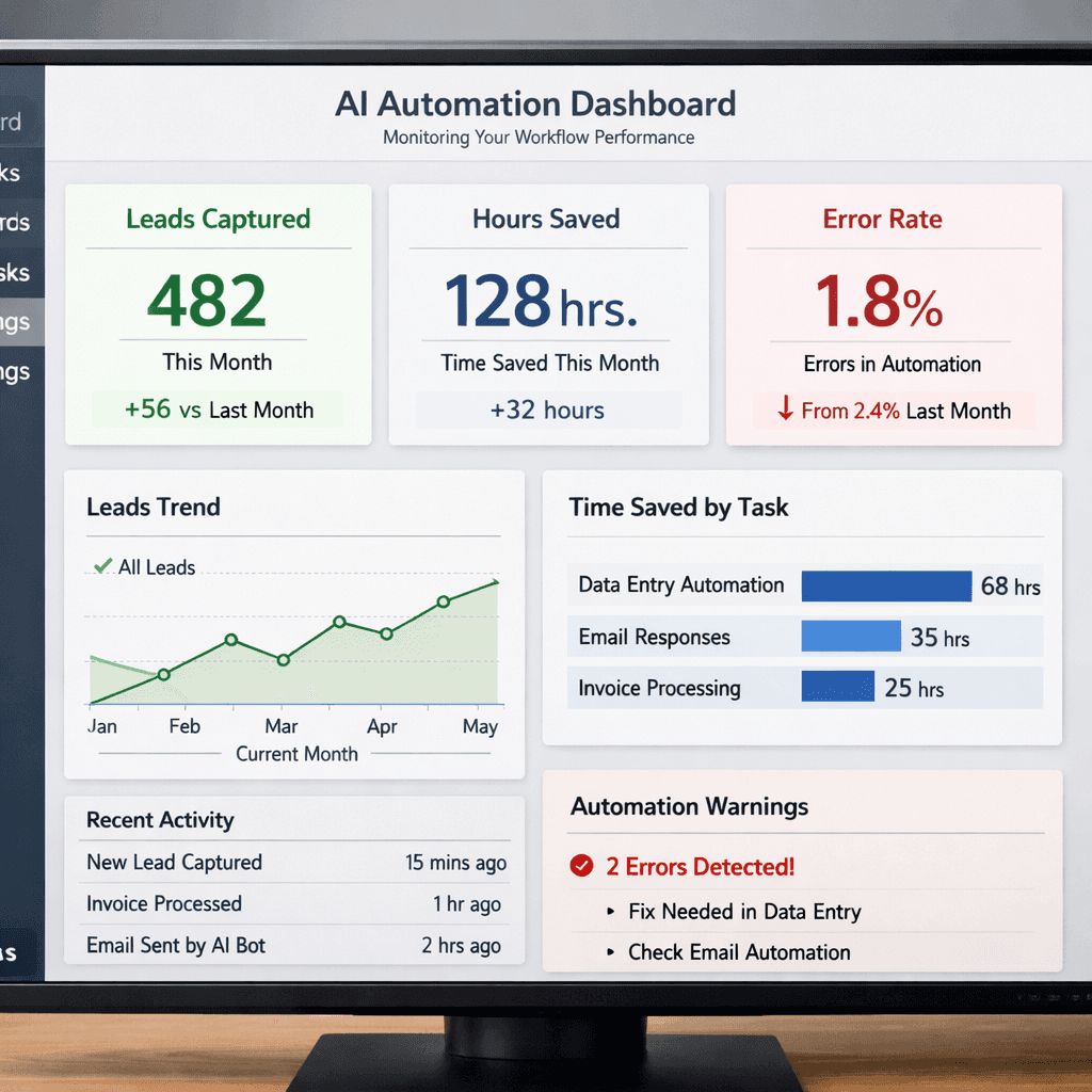 A realistic dashboard screen showing key metrics like leads captured, hours saved, and error rate for an AI automation workflow. Alt: Monitoring AI automation for small business