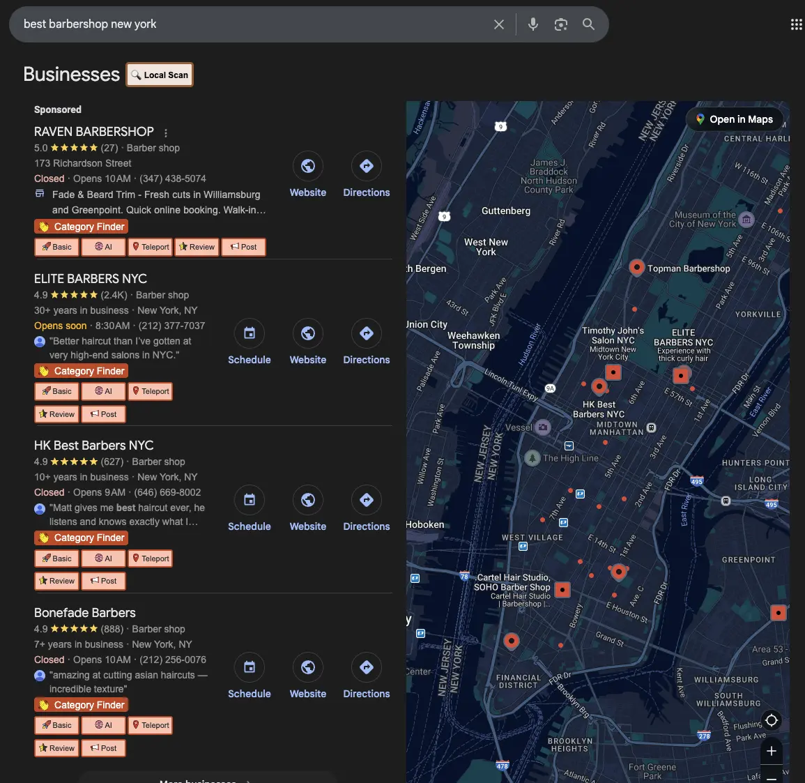 Google local pack for best barber in New York