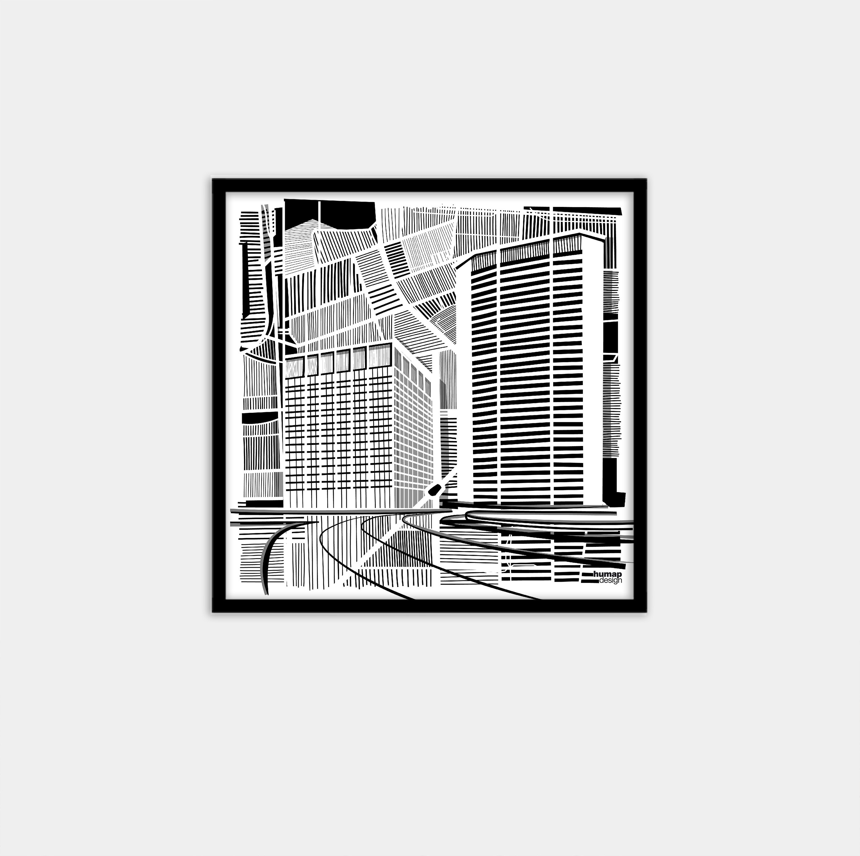 Geometric digital artwork representing Pirellone in Milan, printed and framed