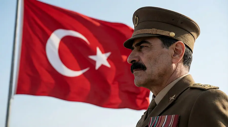 A general in profile beside the flag of the empire
