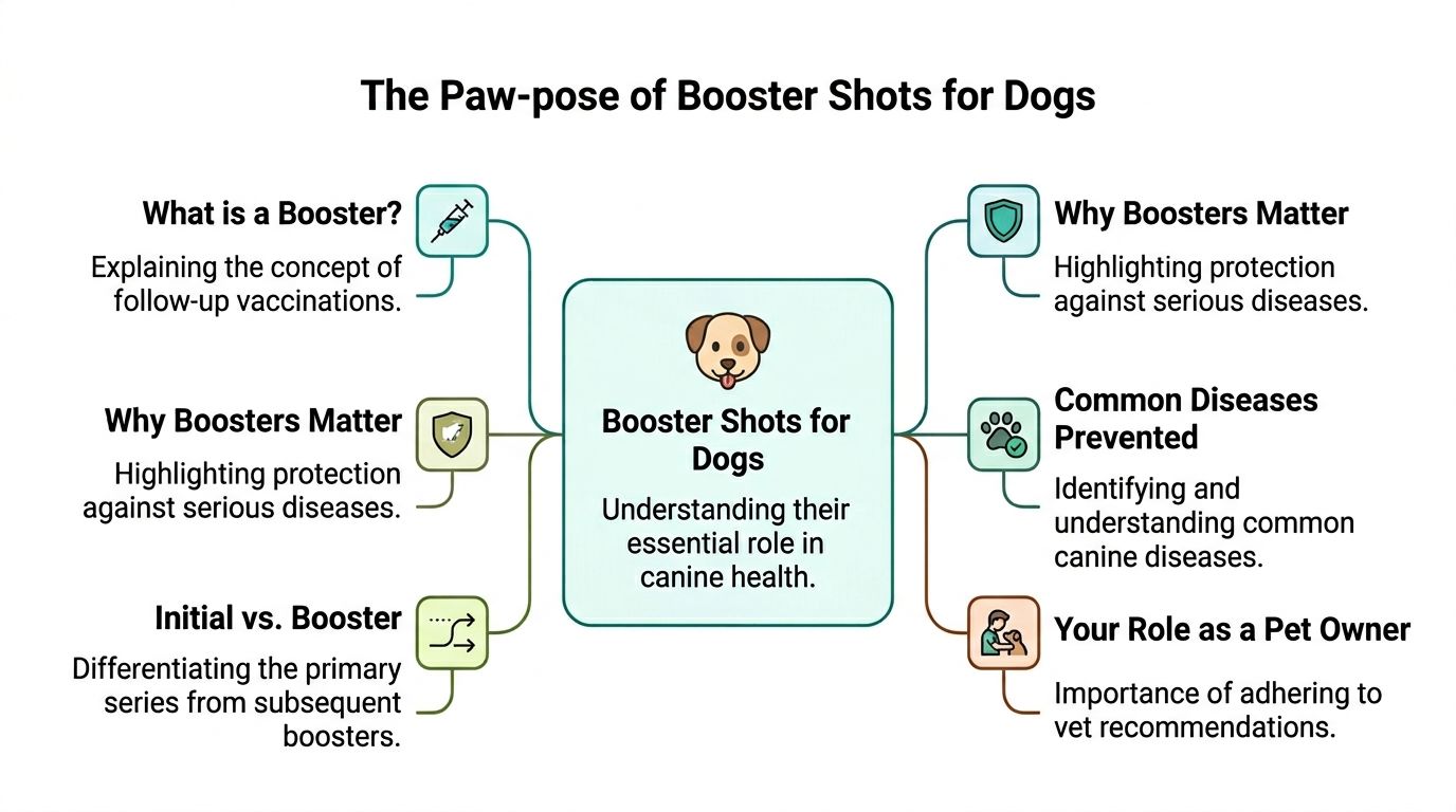 A diagram illustrating the importance of dog booster shots, covering vaccines, disease prevention, and owner responsibilities.