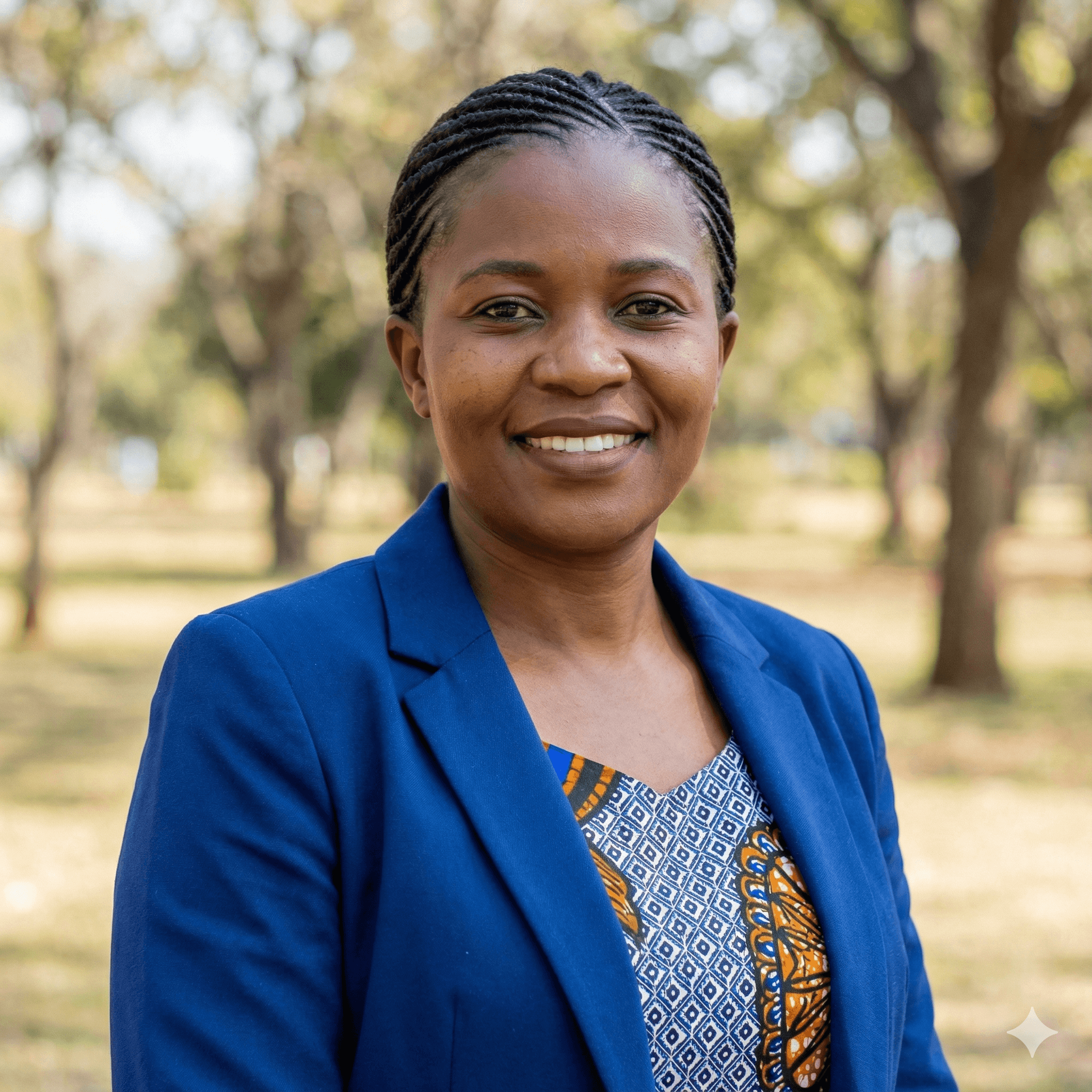 Smiling young woman with curly hair sitting at a laptop, in front of a teal wall.