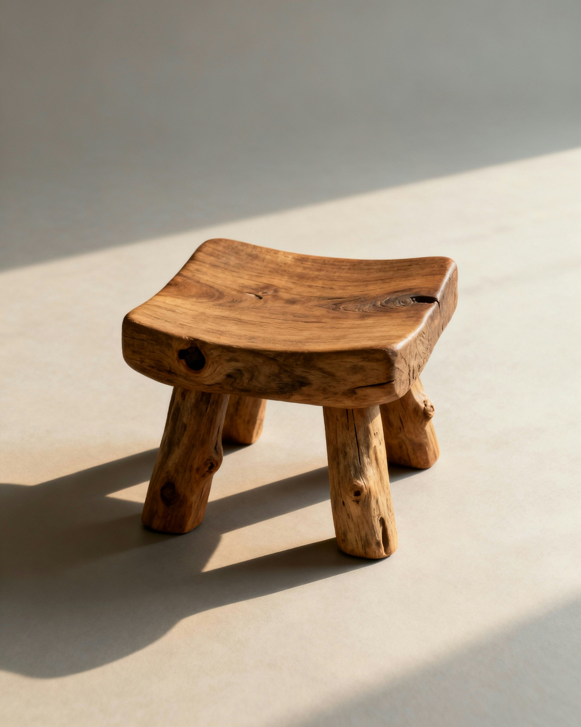 A rustic wooden stool with a natural finish, showcasing beautiful wood grain and knots, perfect for a cozy and organic decor.