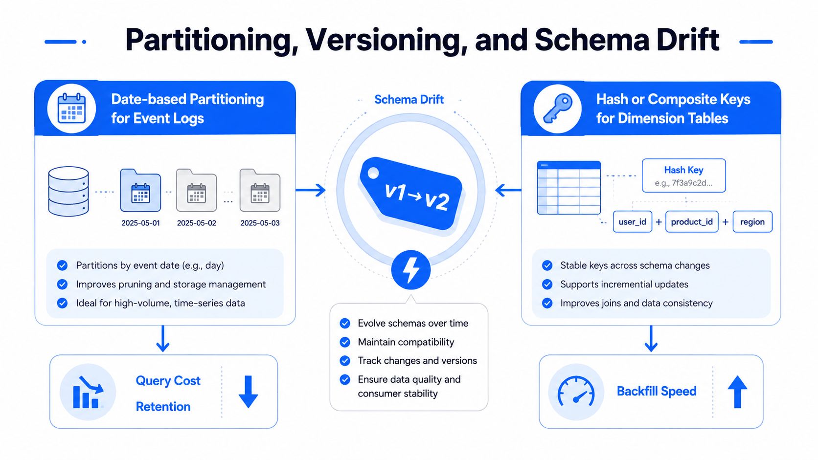 A diagram explaining data strategies like date-based partitioning, schema versioning, and using hash keys for tables.