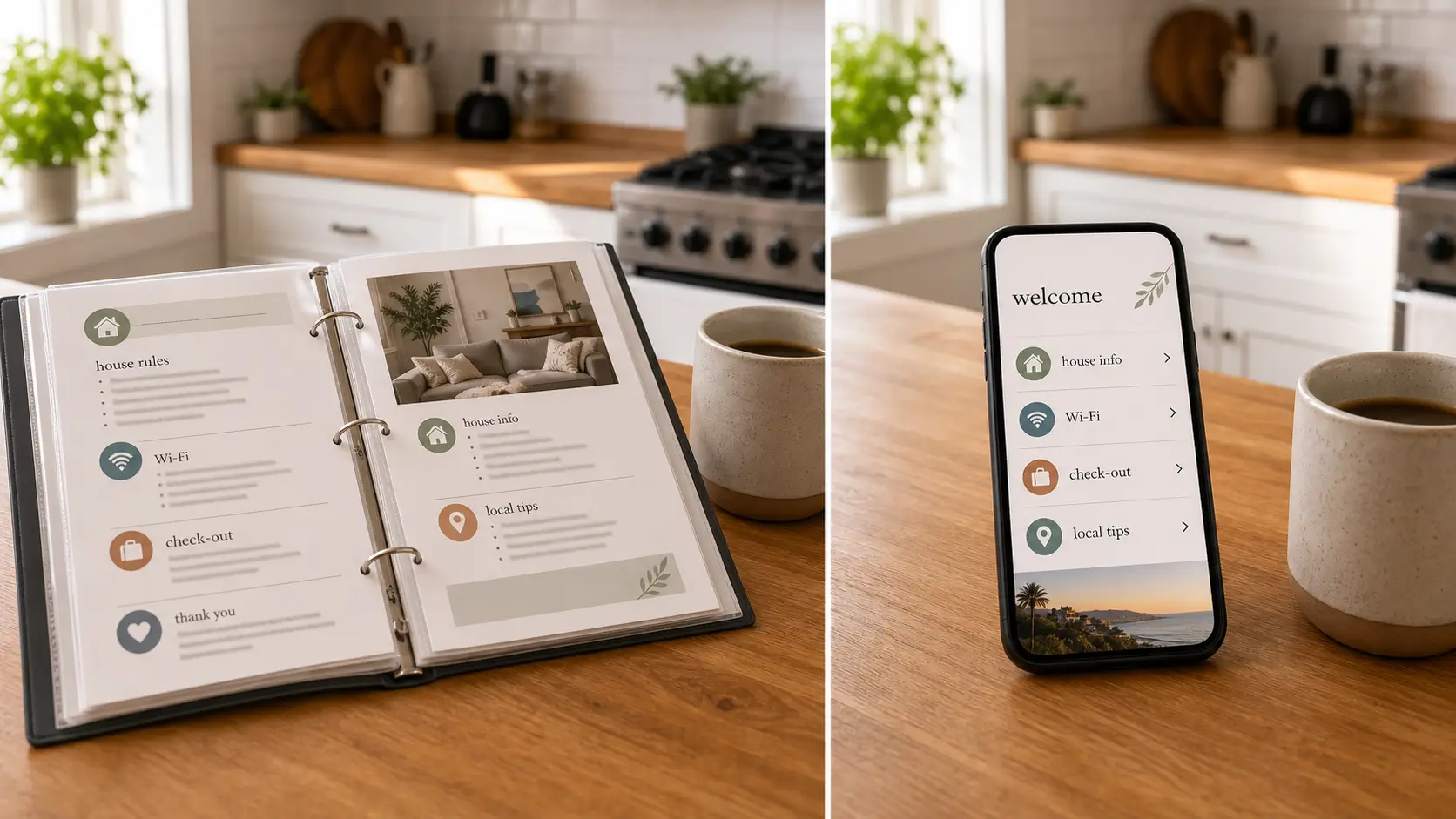 Printed Airbnb guidebook binder next to a smartphone showing a digital guidebook.