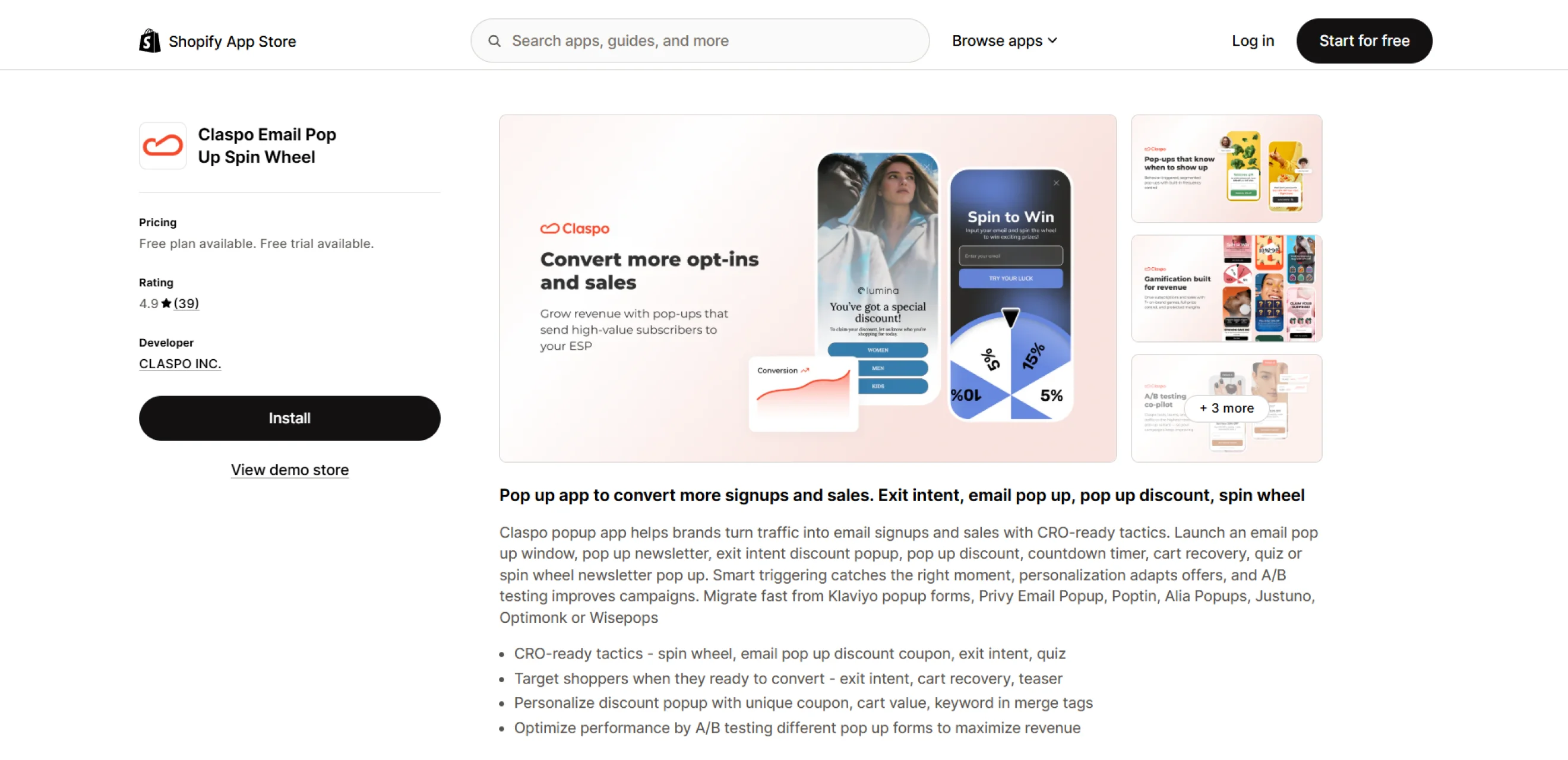 ALT:  Claspo popup app listing page on the Shopify App Store.