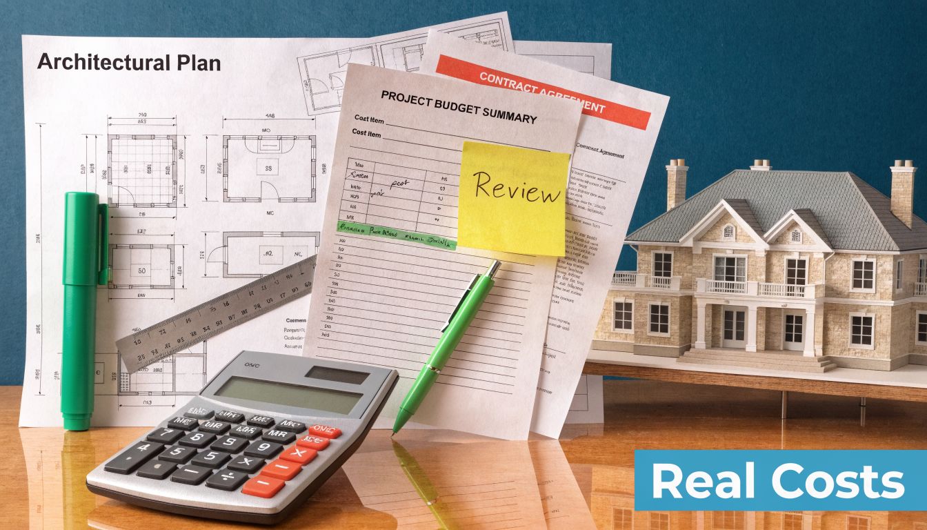 Architectural floor plans, a project budget summary, calculator, and model house representing construction planning and costs.