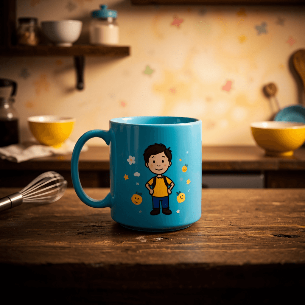 product photography of a ceramic mug featuring a cartoon character design