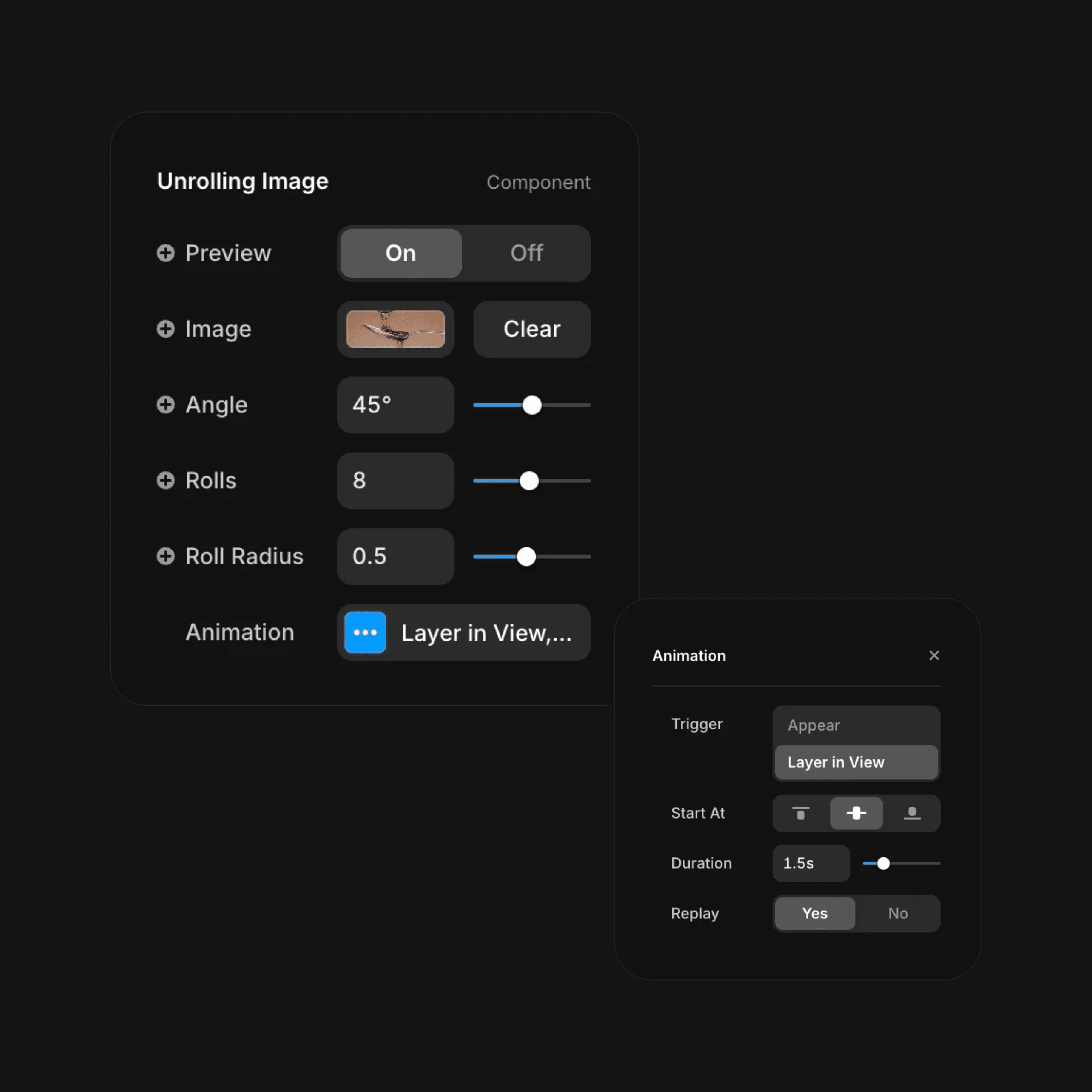 Unrolling image component settings with angle and animation controls