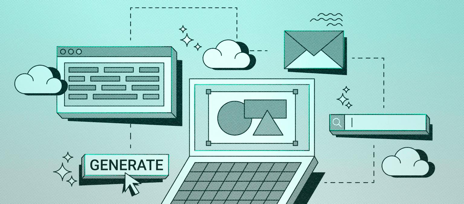 Illustration of email design tools and components connected across devices, representing reliable email layouts, HTML constraints, and scalable lifecycle email design.