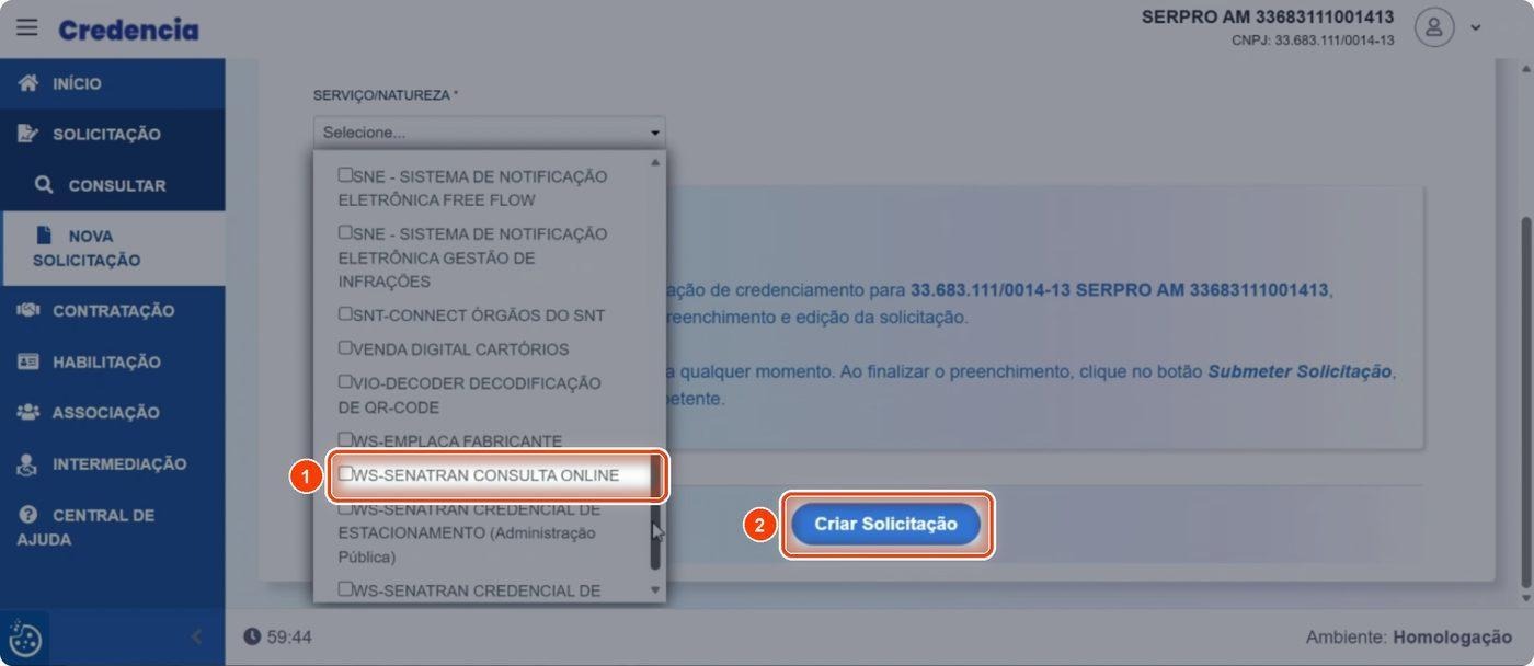 Captura de tela de referência do Credencia para Passo 2 — Selecionar WS-SENATRAN Consulta Online e criar a solicitação. Contexto: 40 — Revisão — Solicitação de consulta.