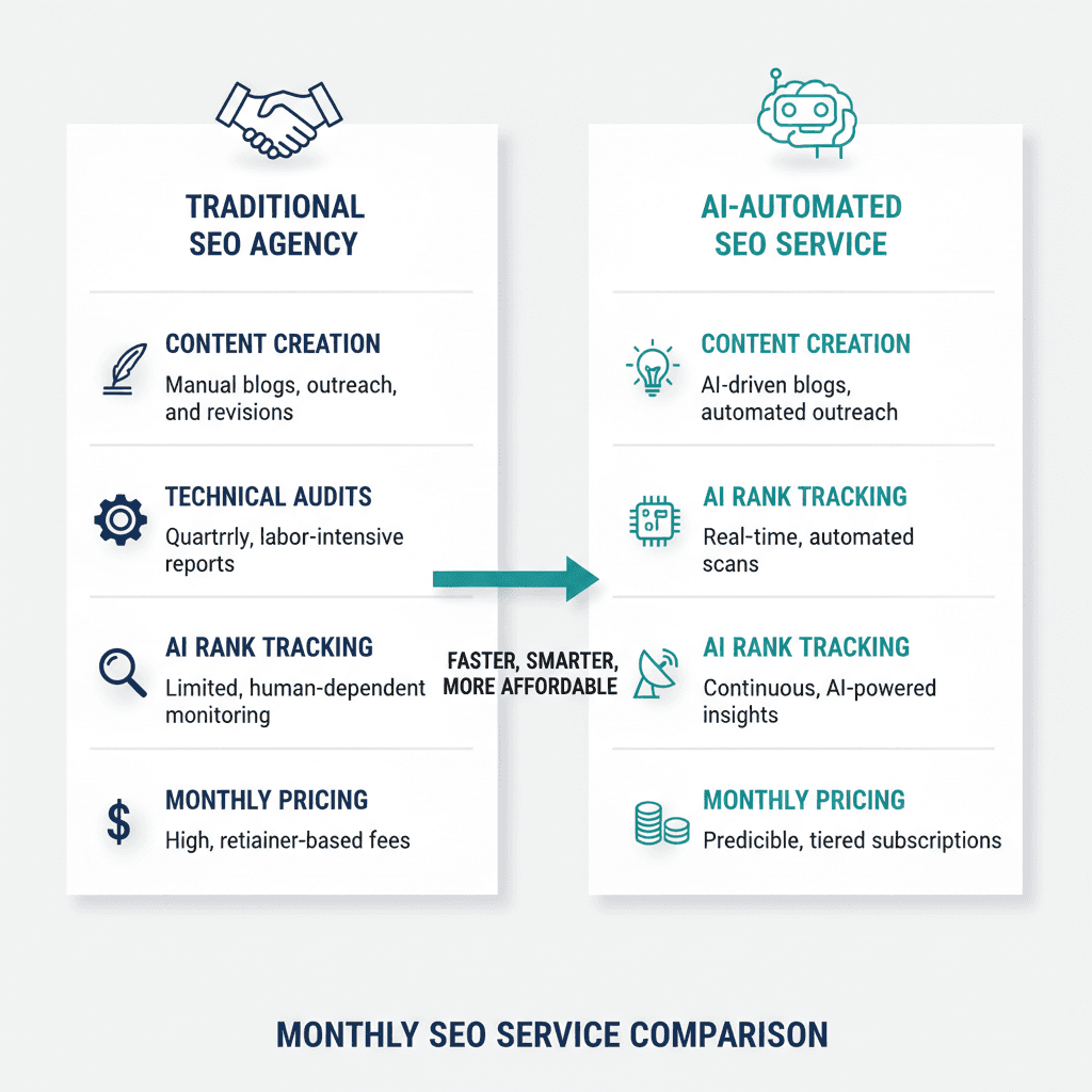 Comparison of traditional agency versus automated monthly SEO service features and pricing in 2026
