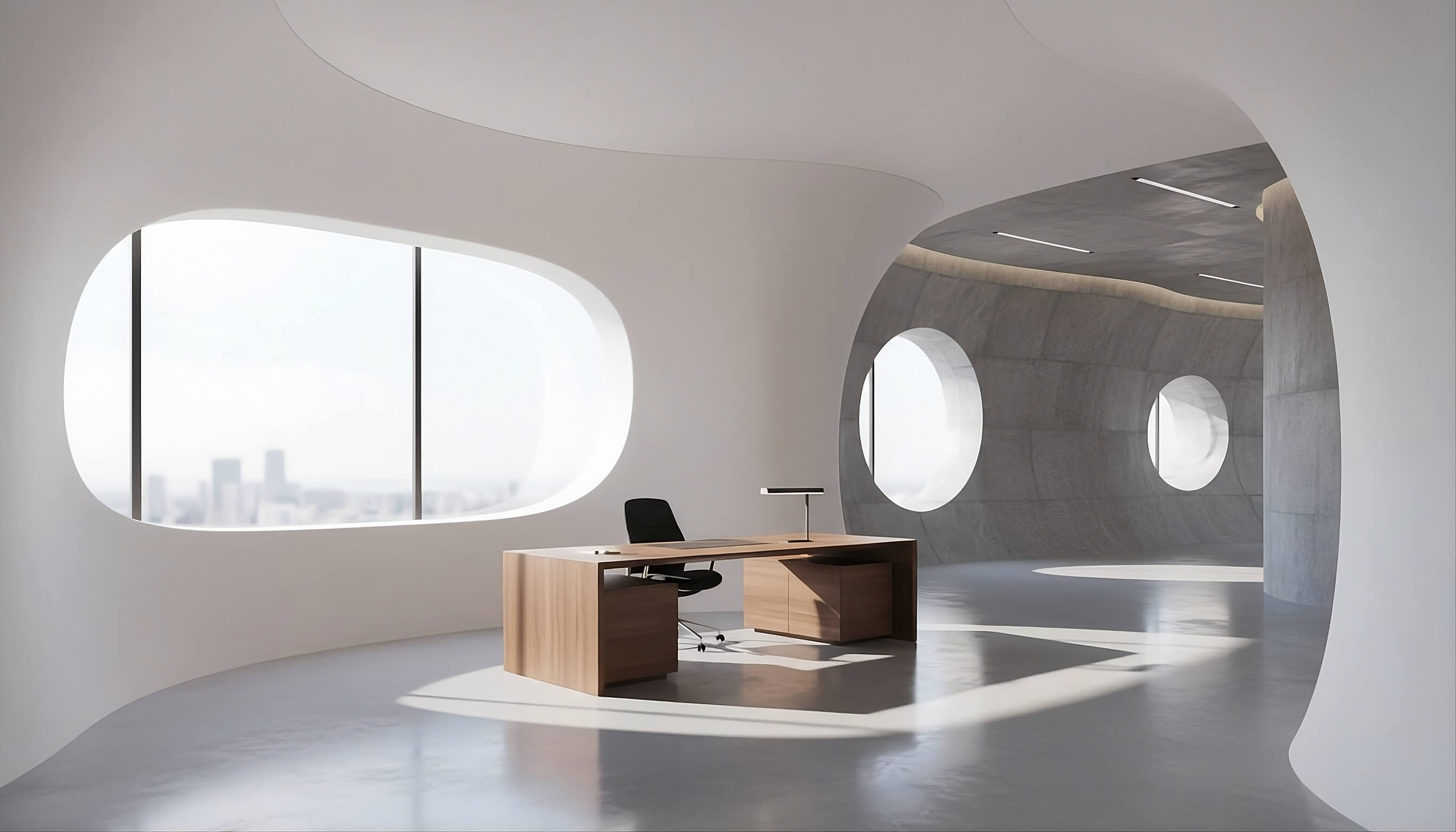 Minimalist interior with circular window detail and clean geometric proportions